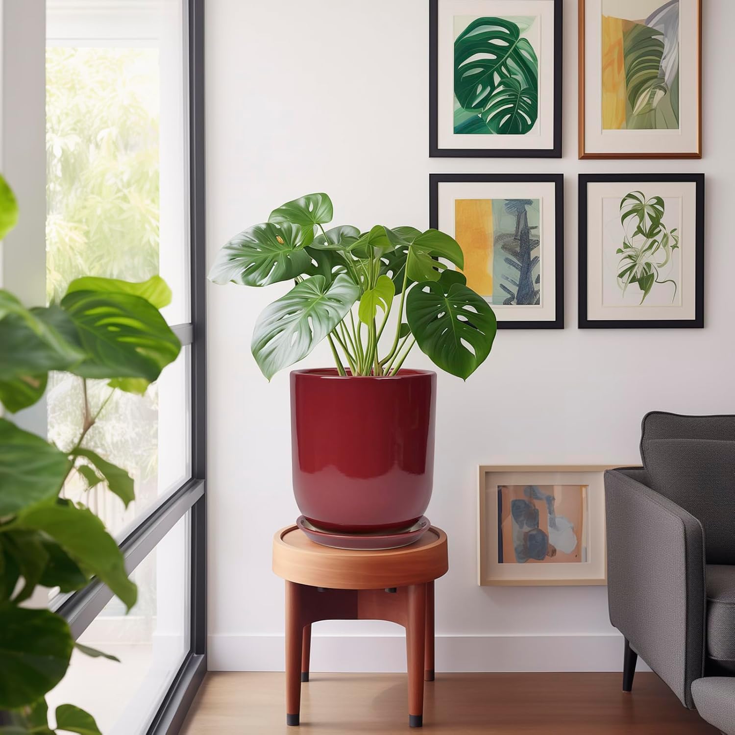 Ceramic Planter for Plants - 10 Inch Plant Pot Indoor with Drainage Hole and Saucer Modern Large Outdoor Planter Flower Pot for Home Decor Red