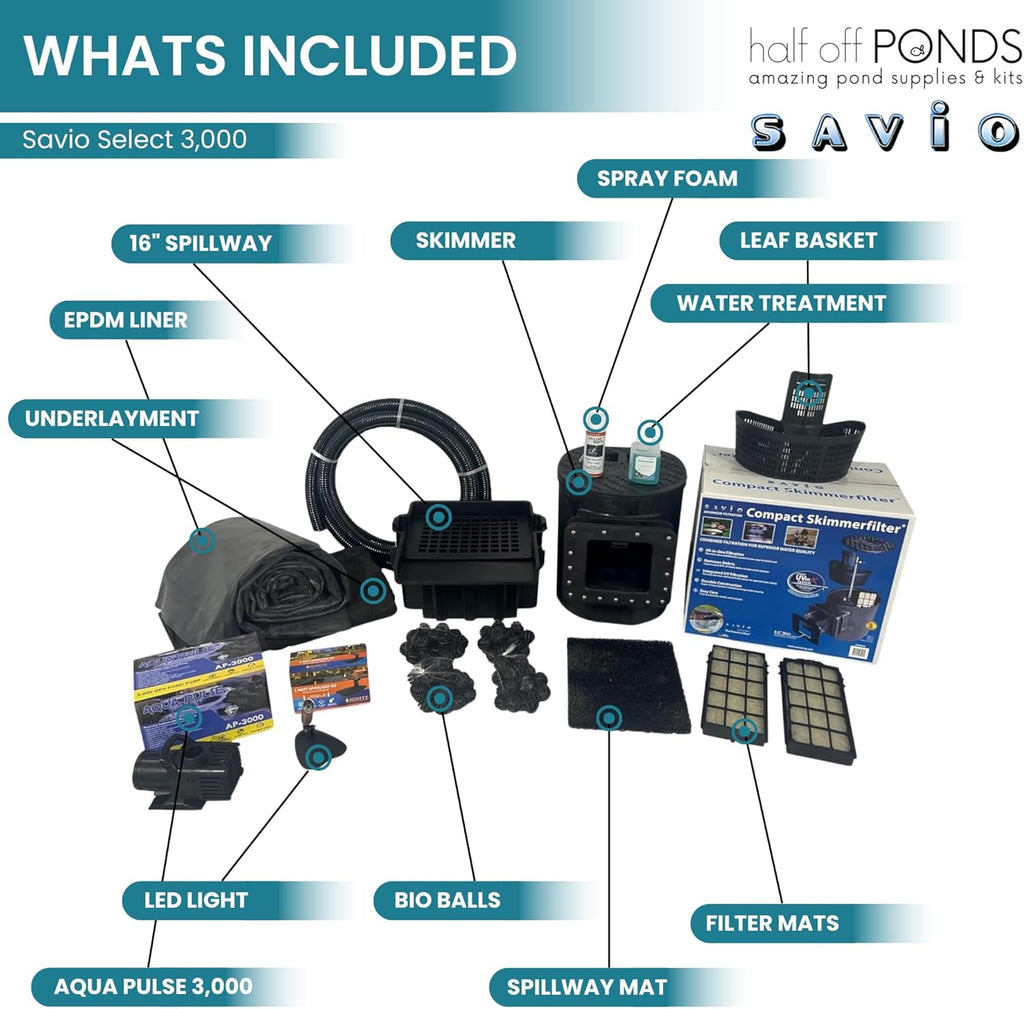 HALF OFF PONDS Savio Select 3,000 GPH Submersible Pump Pond Kit with 20' x 20' EPDM Rubber Pond Liner for Water Garden & Koi Pond
