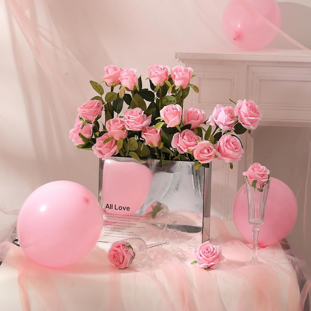 Hawesome 12PCS Artificial Silk Flowers Realistic Roses Bouquet Long Stem for Home Wedding Decoration Party (Pink -1) 1
