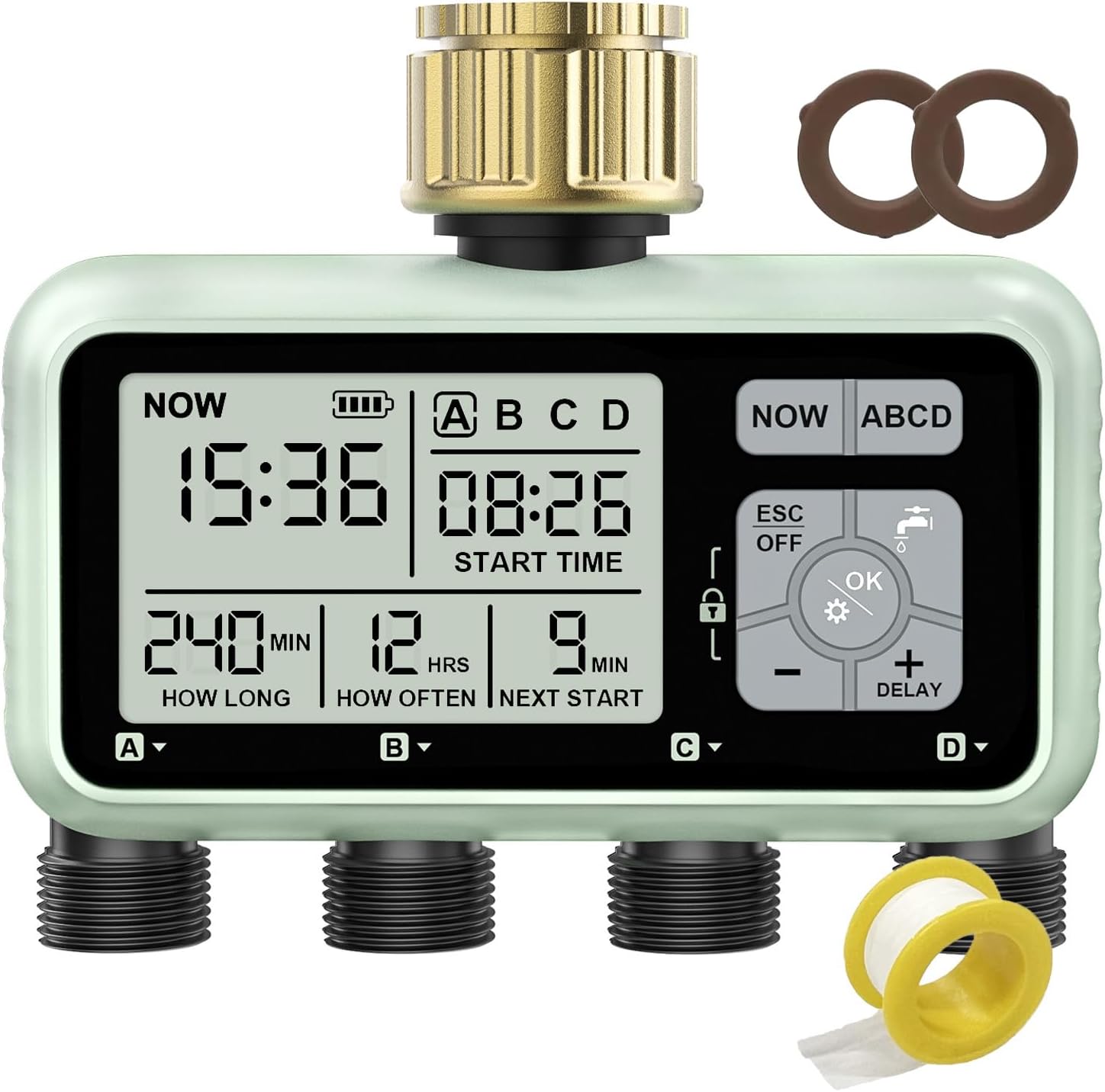 Watering Timer 4 Zone with with Brass Inlet, Sprinkler Timer, Programmable Garden Outdoor Hose Faucet Timers with Rain Delay/Manual/Automatic Watering System,Water Hose Irrigation Timers 4 Outlet