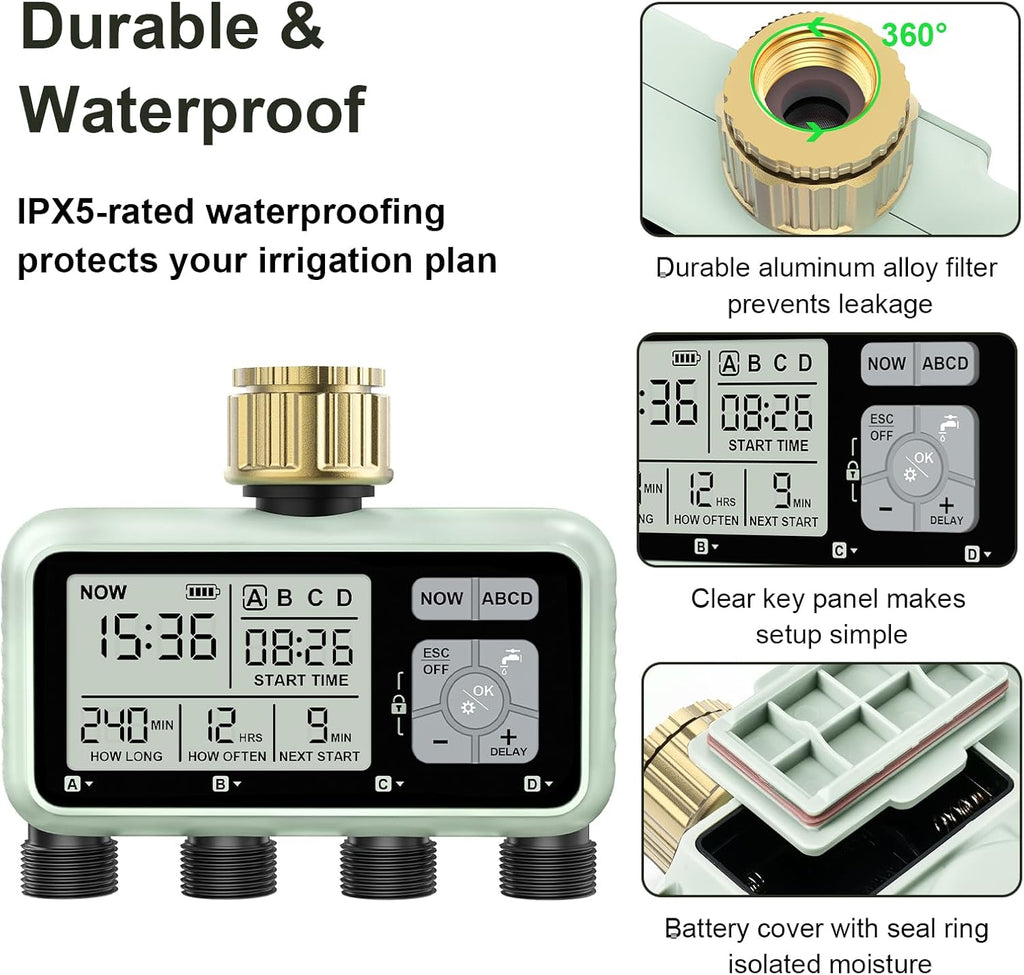 Watering Timer 4 Zone with with Brass Inlet, Sprinkler Timer, Programmable Garden Outdoor Hose Faucet Timers with Rain Delay/Manual/Automatic Watering System,Water Hose Irrigation Timers 4 Outlet