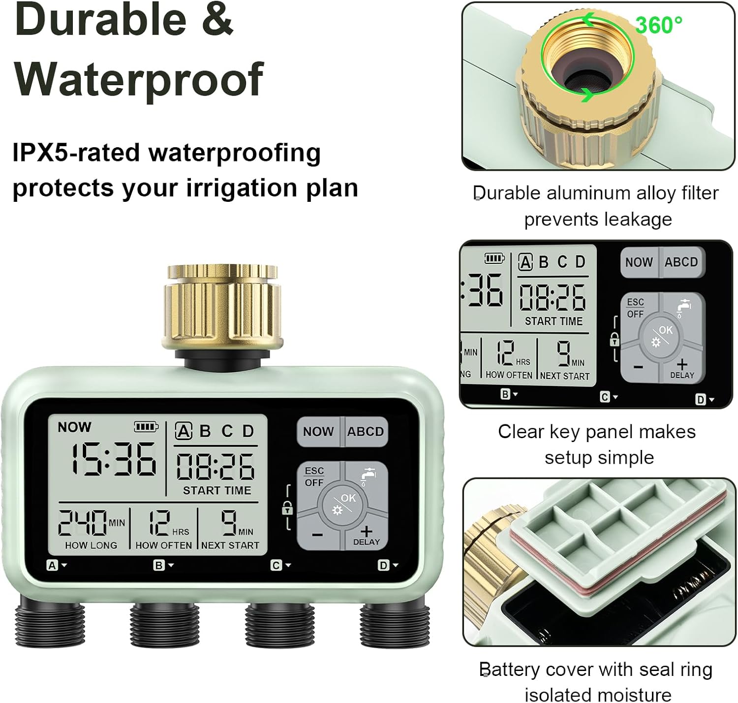Watering Timer 4 Zone with with Brass Inlet, Sprinkler Timer, Programmable Garden Outdoor Hose Faucet Timers with Rain Delay/Manual/Automatic Watering System,Water Hose Irrigation Timers 4 Outlet