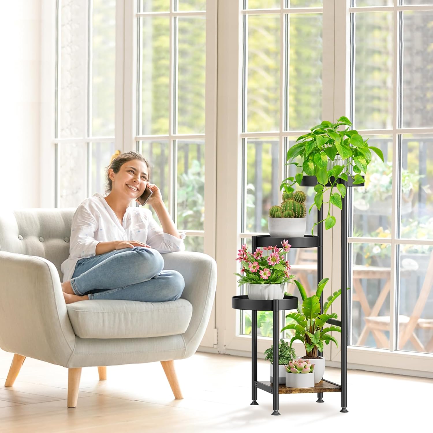 Plant Stand Indoor Outdoor Clearance, 4 Tier Tall Corner Metal Flower Pot Shelf Holder, Multiple Heavy Duty Plants Display Rack for Patio Orchid Office Porch Living Room Garden Balcony, Black