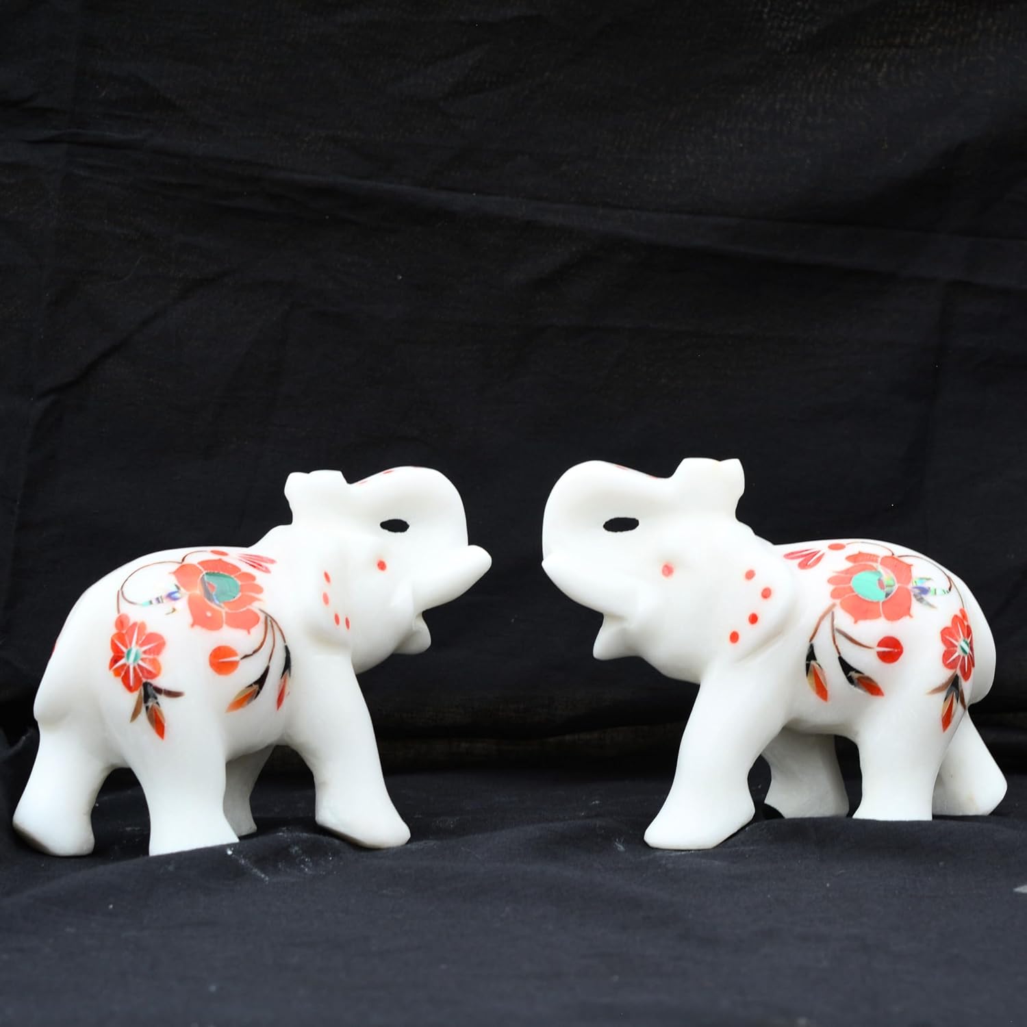 Marble Inlay Elephant Statue 4" Inch (2 Piece) Hakik Stone Inlay Work Semi Precious Stone - Hand Carved Artistic Sculpture Perfect for Home & Office Decor Elegant Decor for Any Space