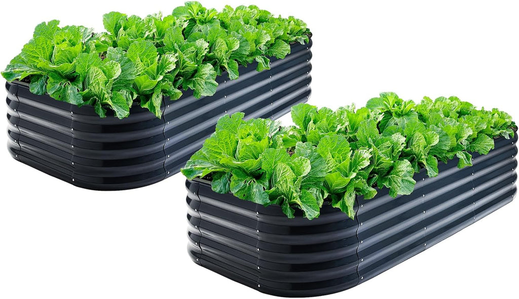 2Pcs Galvanized Steel Raised Garden Bed 8x2ft Oval - 17" Tall 9-in-1 Modular Planter Box for Vegetables/Flowers, Rust-Proof Metal Outdoor Planters Rubber Edging (Grey)