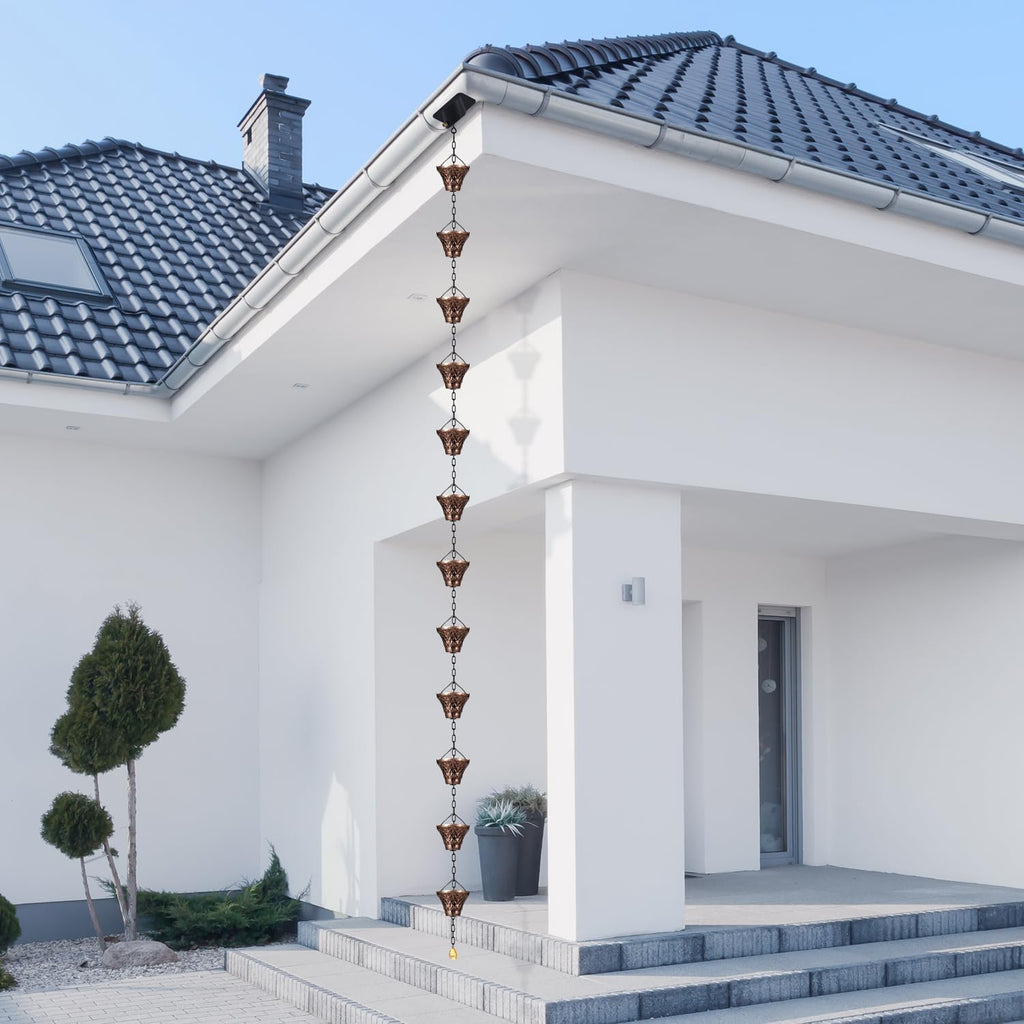 Rain Chains for Gutters Outside 8.5FT Copper Rain Catcher Chain with 12 Cups Decorative Replacement for Downspout