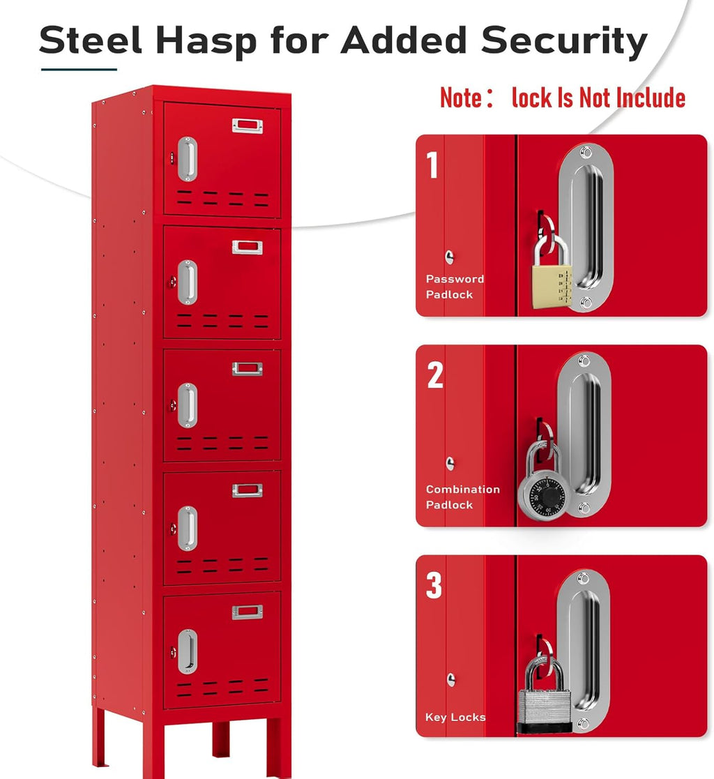 Metal Lockers - 66" Height Steel Lockers for Employees with 5 Door Storage Locker with Card Slot for Employees Gym School Home Office Garage - Assembly Required