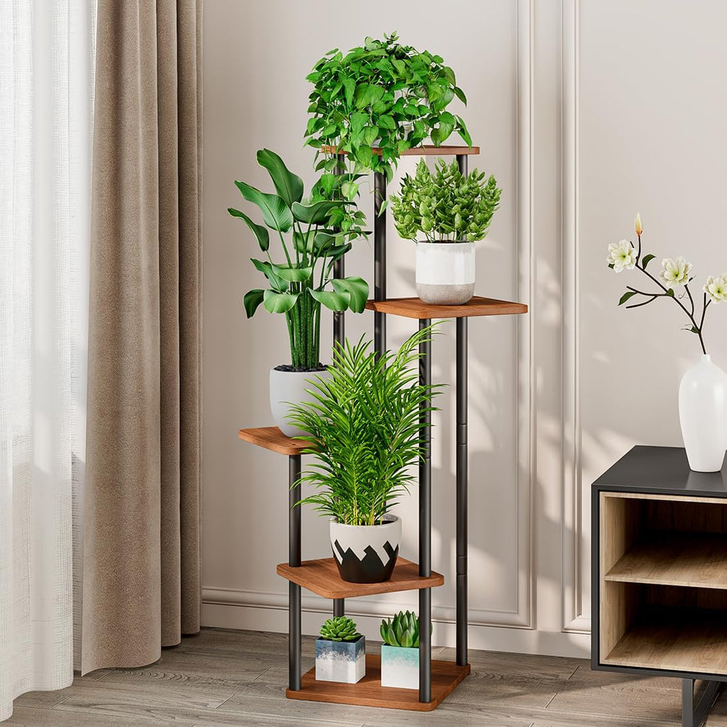 AZERPIAN Plant Stand 5 Tier Indoor Metal Flower Shelf for Multiple Plants Corner Tall Flower Holders for Patio Garden Living Room Balcony Bedroom, Walnut (5 Tier-Walnut)