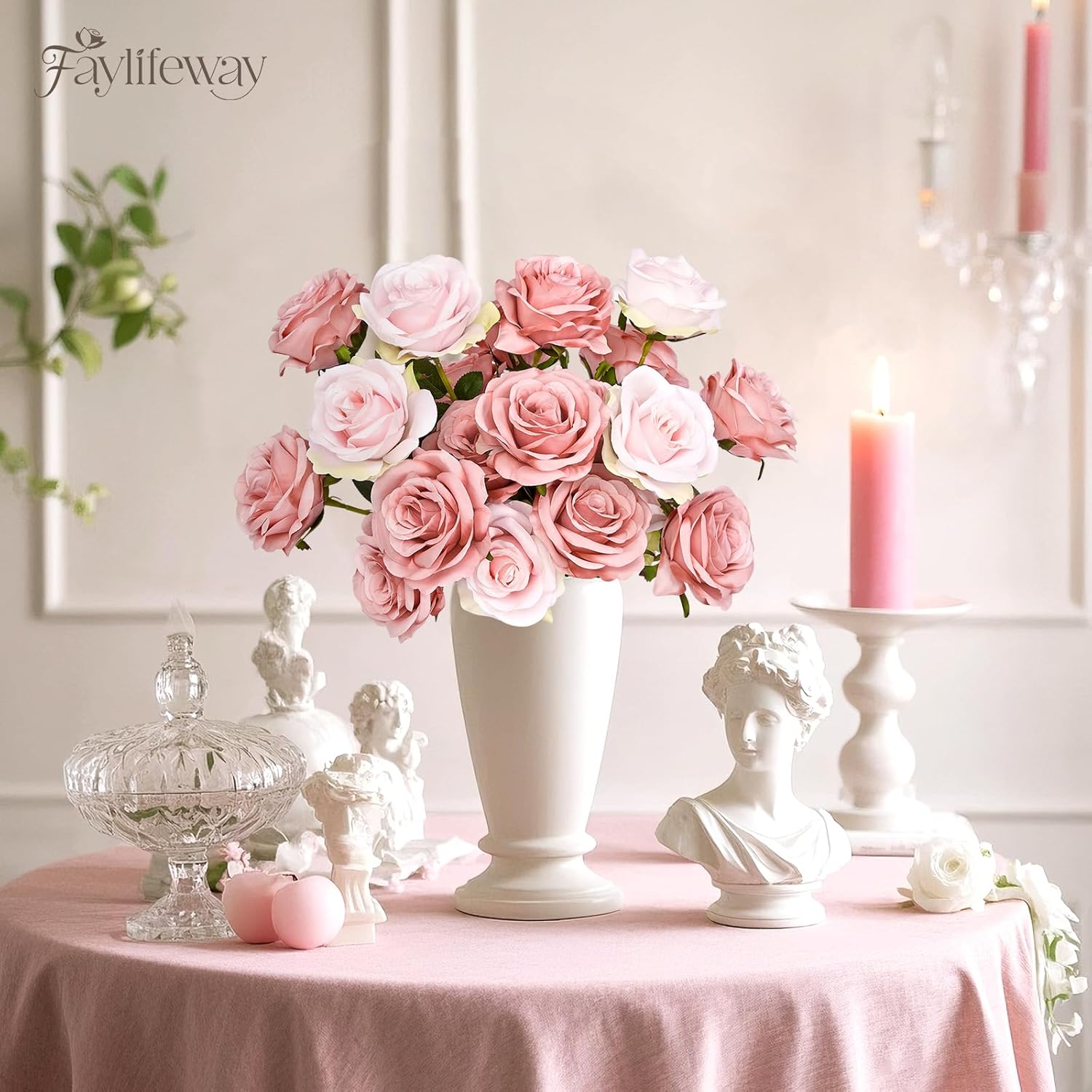 20PCS Artificial Dusty Pink Roses, 3.9'' Silk Flower Head Fake Dusty Pink Rose with Long Stems, Realistic Faux Roses Bouquet for Mother's Day DIY Wedding Home Party Office Decoration
