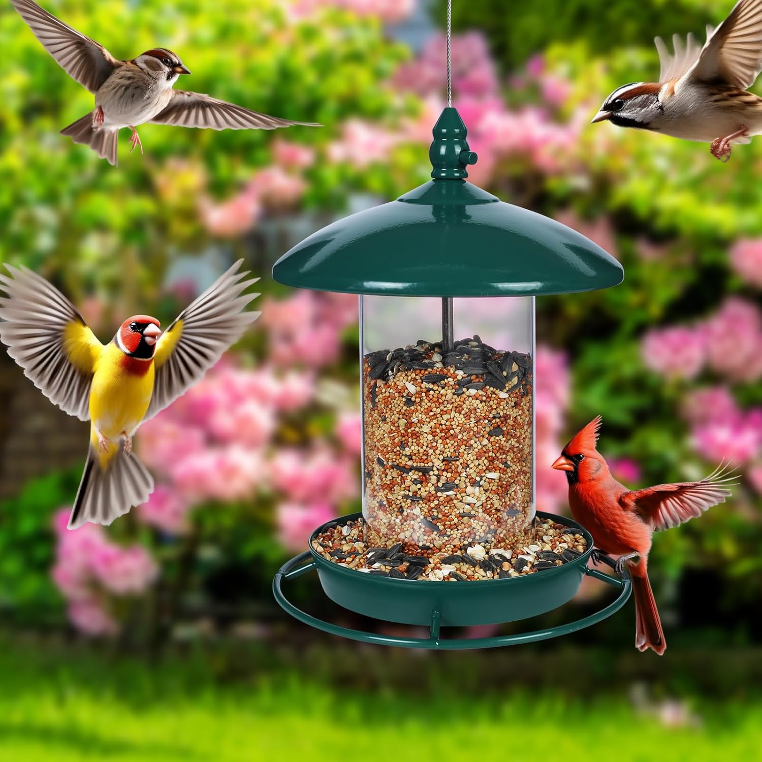 Metal Bird Feeder for Outside Hanging,Wild Bird Feeders for Cardinal, Large Roof and Tray - 6 Port
