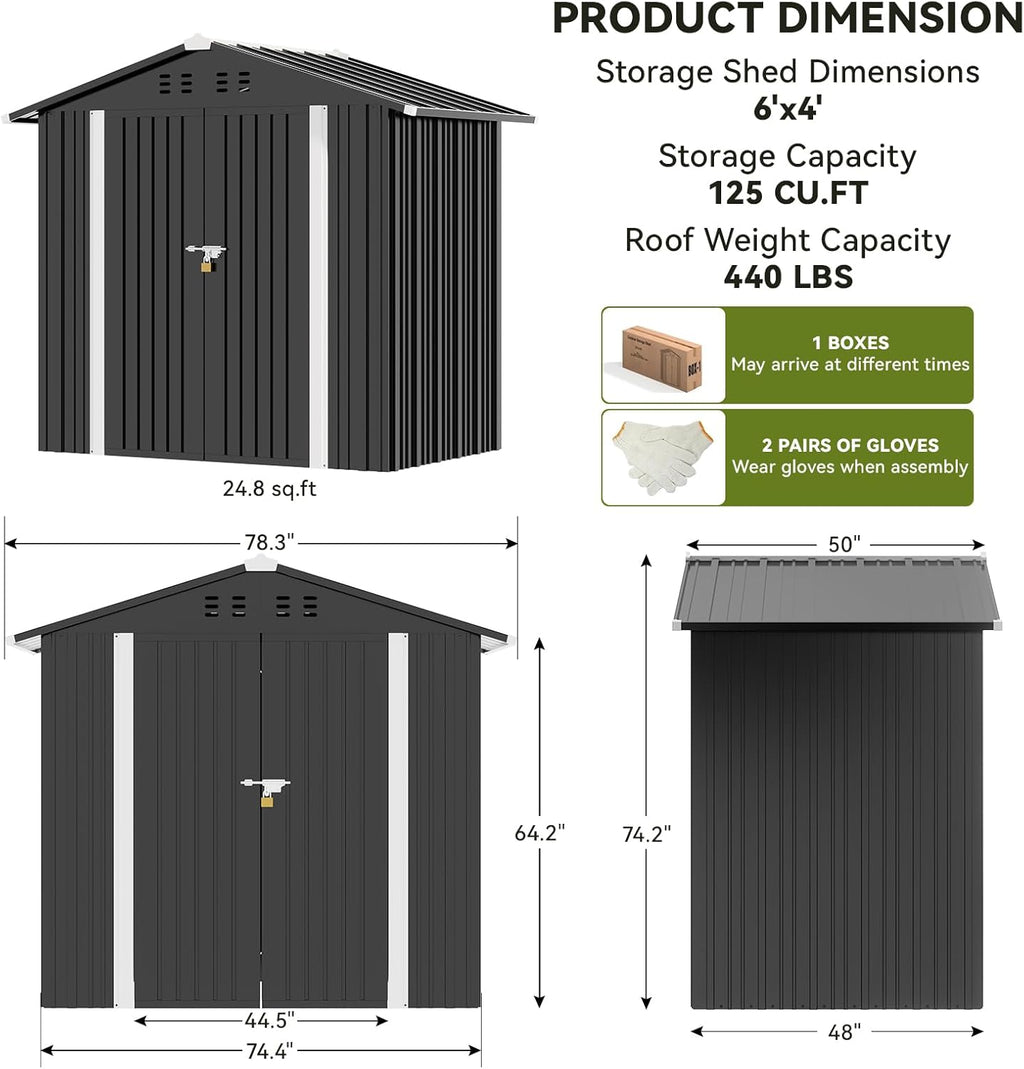 COMHOMA Shed Outdoor Storage Shed Metal,Lockable Doors Tool Sheds with Sloping Roof,Steel Garden Shed with Air Vent for Backyard,Patio,Lawn,Poolside (Dark Grey, 6x4)