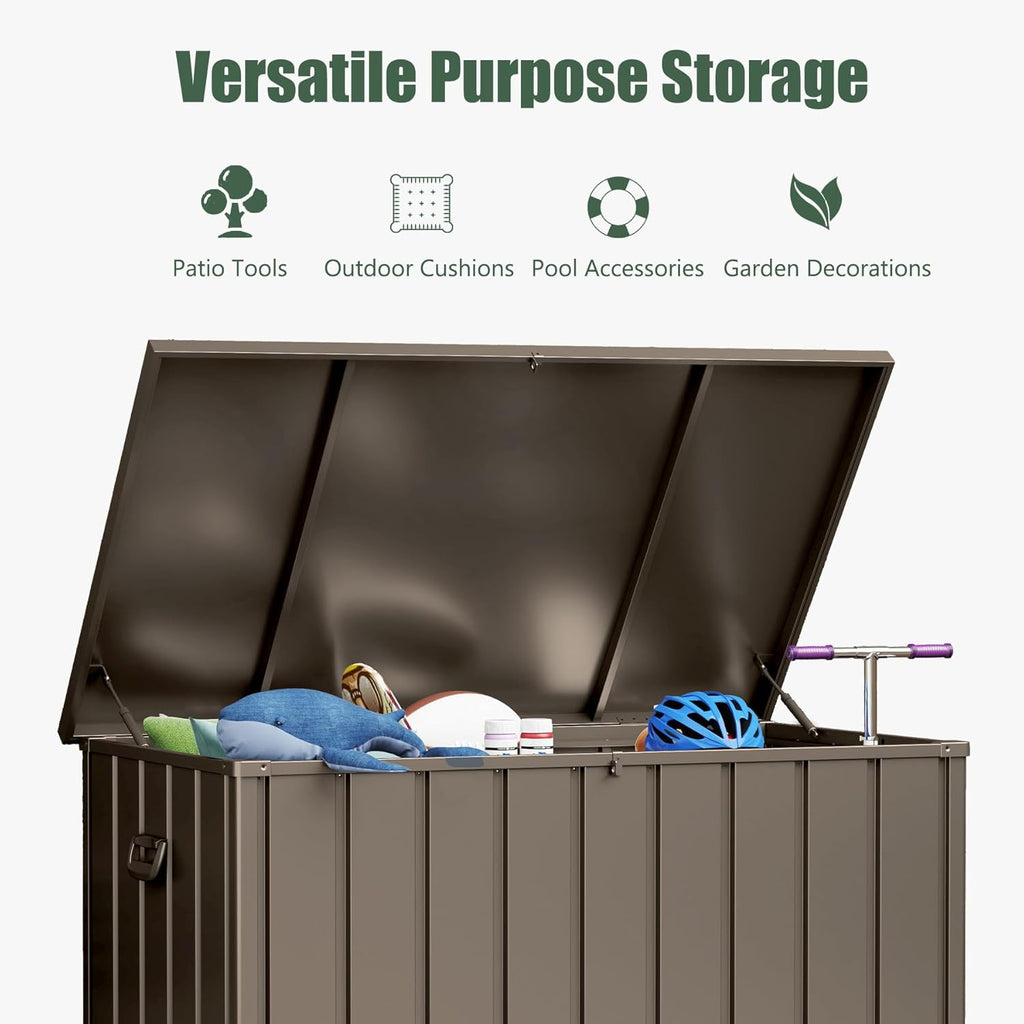 Domi Deck Box 160 Gallon, Waterproof Lockable Steel Outdoor Storage Container for Outside Cushions, Garden Tools and Pools Equipment, Brown