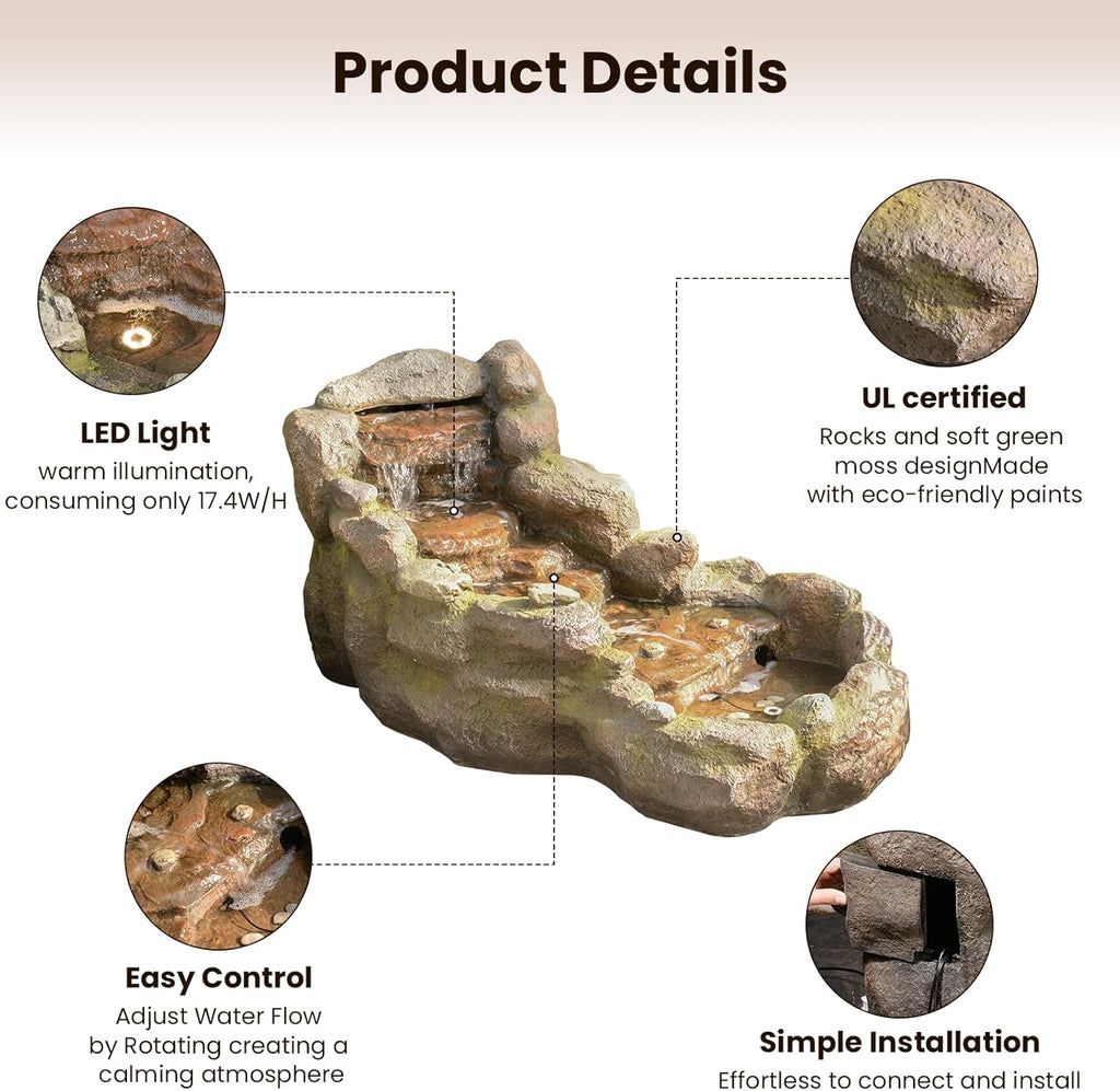 42 in Natural-Style Tier Garden Rock Water Fountain Outdoor, Floor-Standing Fountains That Feature Gentle Waterfall and LED Lights for Patio, Backyard, Deck, Porch, Home Décor