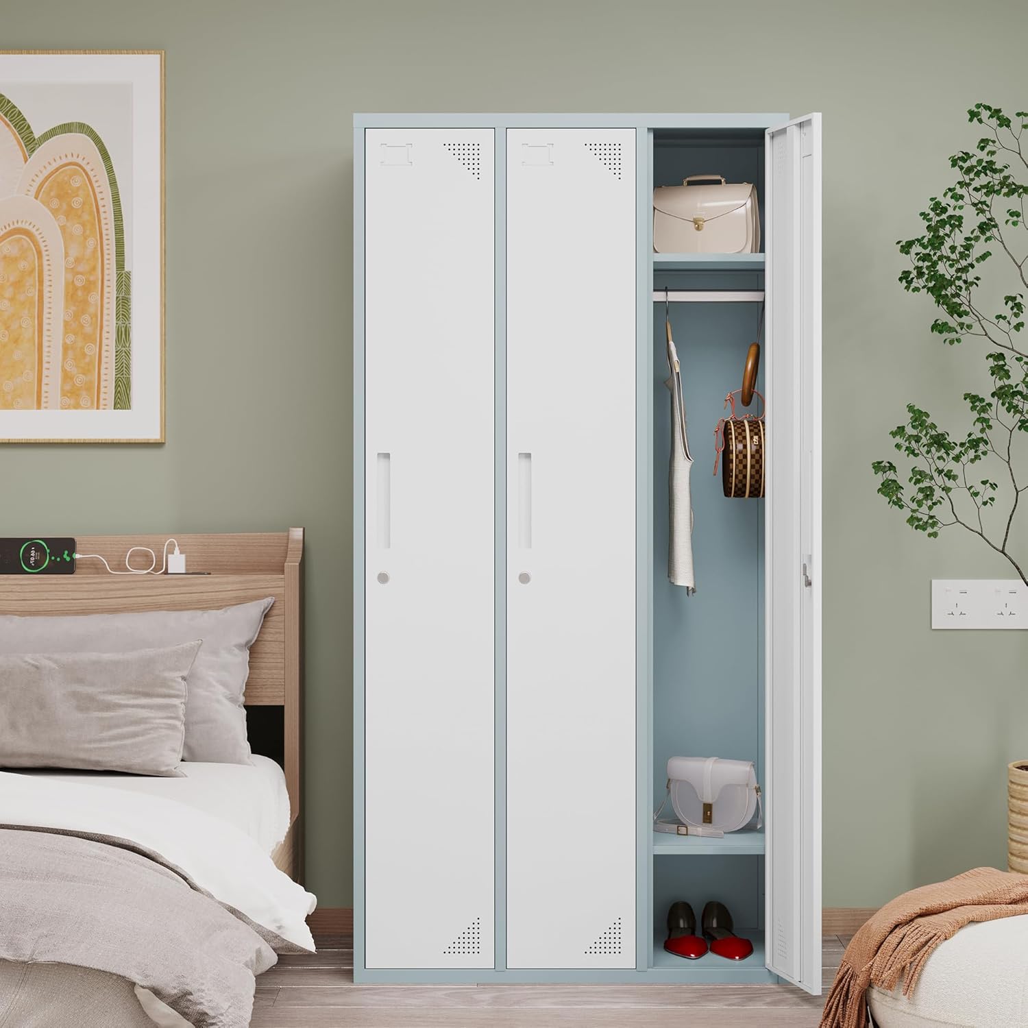 Metal Locker with 3 Doors Employees Locker, Metal Storage Locker with Hooks, 71" Storage Cabinet Lockers for Employees, Home, Office, Gym Requires Assembly (Grey White)