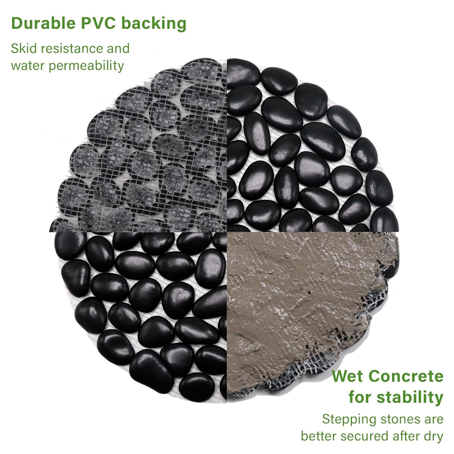 10in River Rock Stepping Stones Set - 6 Pack | Polished Pebble | Long-Lasting PVC Mesh Backing | Perfect for Garden Paths and Lawns Outdoor Landscaping Decoration | Black Circle