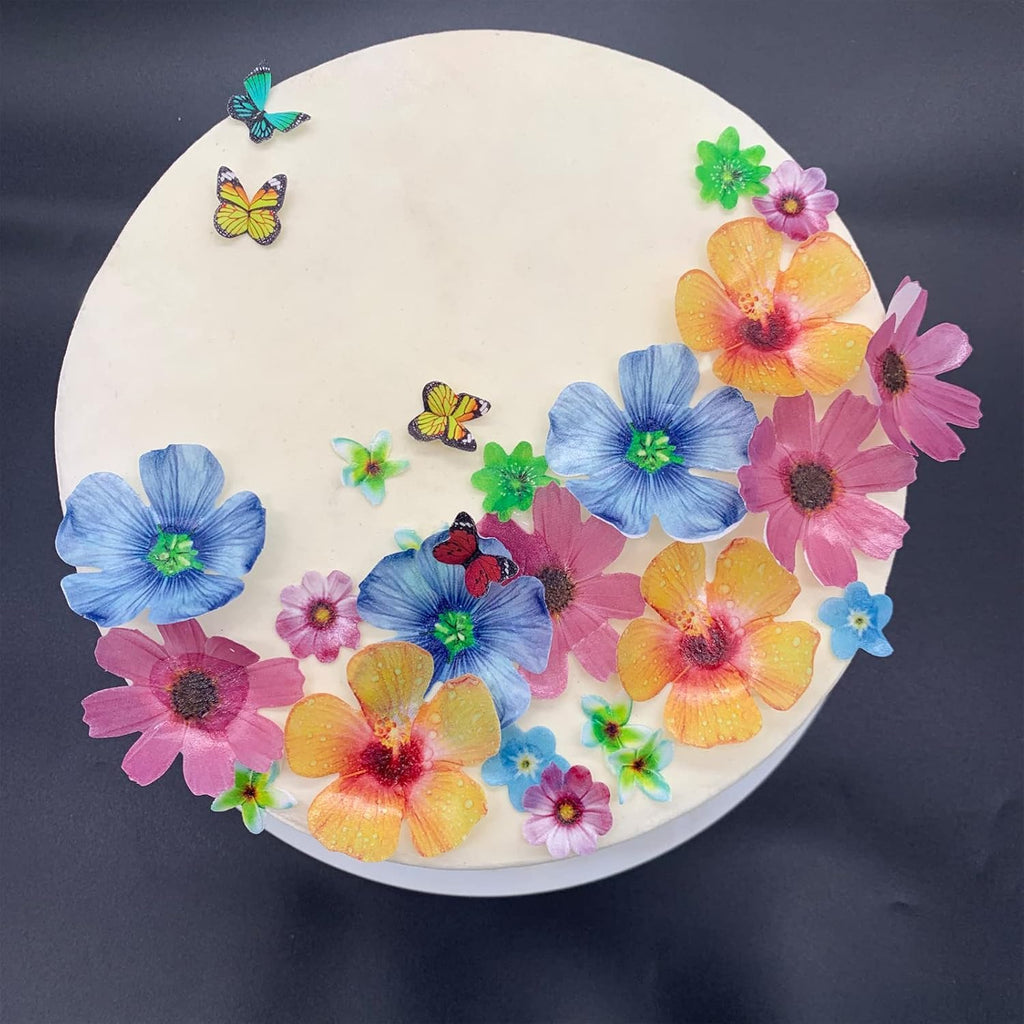 58Pcs Edible Butterfly and Flowers Cake Topper Cupcake Toppers Wedding Themed Party Birthday Cake Decoration Mixed Size & Colour