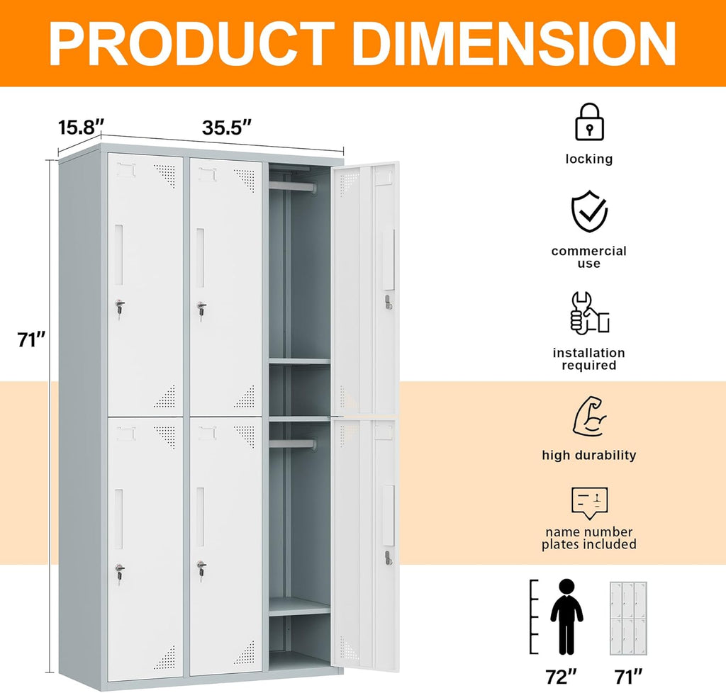 Metal Locker with 6 Doors Employees Locker, Metal Storage Locker with Hooks, 71" Storage Cabinet Lockers for Employees, Home, Office, Gym Requires Assembly (Grey White)