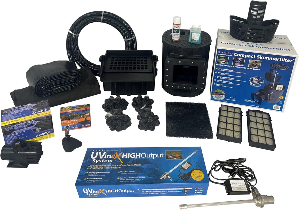 HALF OFF PONDS Savio Select 3,000 GPH Submersible Pump Pond Kit with 20' x 20' PVC Plastic Pond Liner, UV Clarifier for Water Garden & Koi Pond