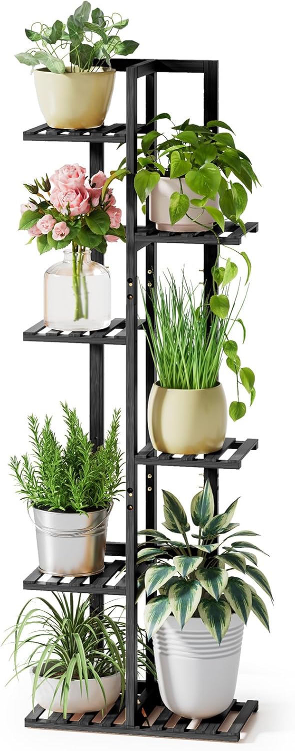 ROSSNY 48 Inch Tall Plant Stand Indoor, 6 Tier 7 Potted Bamboo Plant Stands for Indoor Plants, Corner Plant Stand, Tiered Plant Stands, Plant Shelf For Indoor, Planter Holder for Multiple Plants Indoor, Black