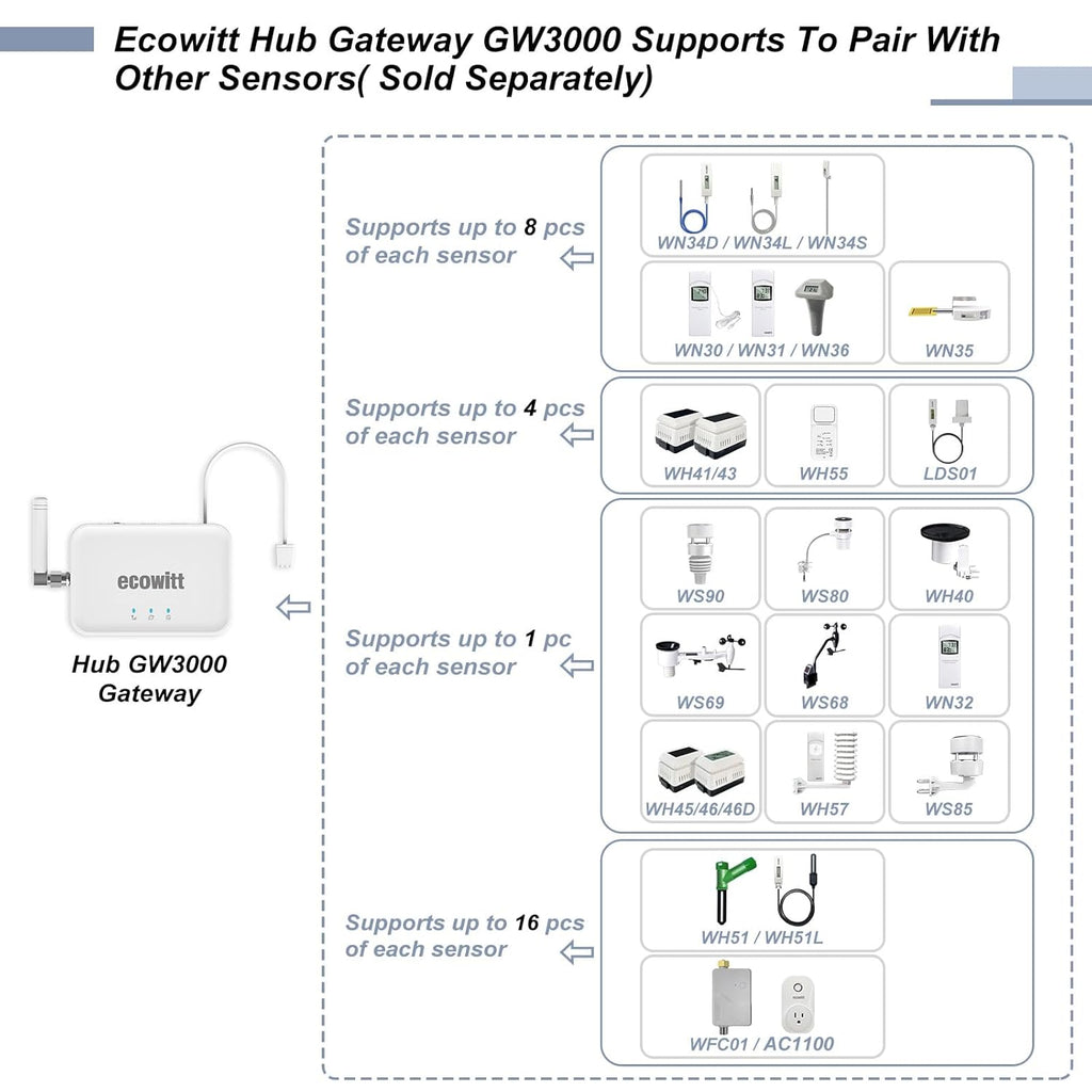 Ecowitt GW3000 Wi-Fi & Ethernet Weather Station Gateway, with Built-in Temperature, Humidity and Barometric Sensors with SD Card Port, 915 MHz