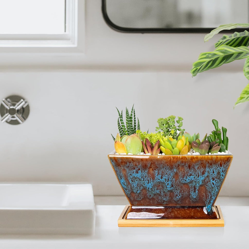 ARTKETTY Succulent Pots - 7 Inch Large Plant Pot with Drainage Tray, Shallow Ceramic Pots for Indoor Plants, Modern Cactus Bonsai Plant Container Decorative Home Office