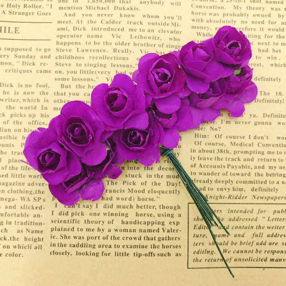 Mini Fake Rose Flower Heads 144pcs Mini Artificial Mulberry Paper Roses Flower with Wire Stem DIY Wedding Flowers Accessories Make Bridal Hair Clips Headbands Dress (Light Purple)
