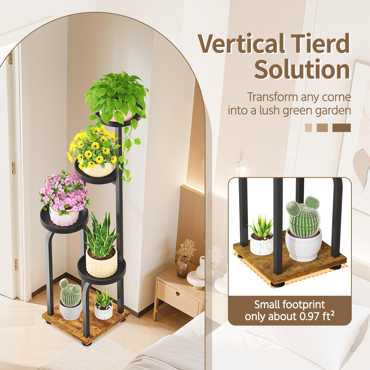 LASZOLA Black 5 Tiered Tall Plant Stand Indoor with Heavy Duty Metal Tray, Large Multi Level Vertical Planter Rack for Narrow Corner, Sturdy Rustic Tall Orchid Flower Shelving Holder for House Decor