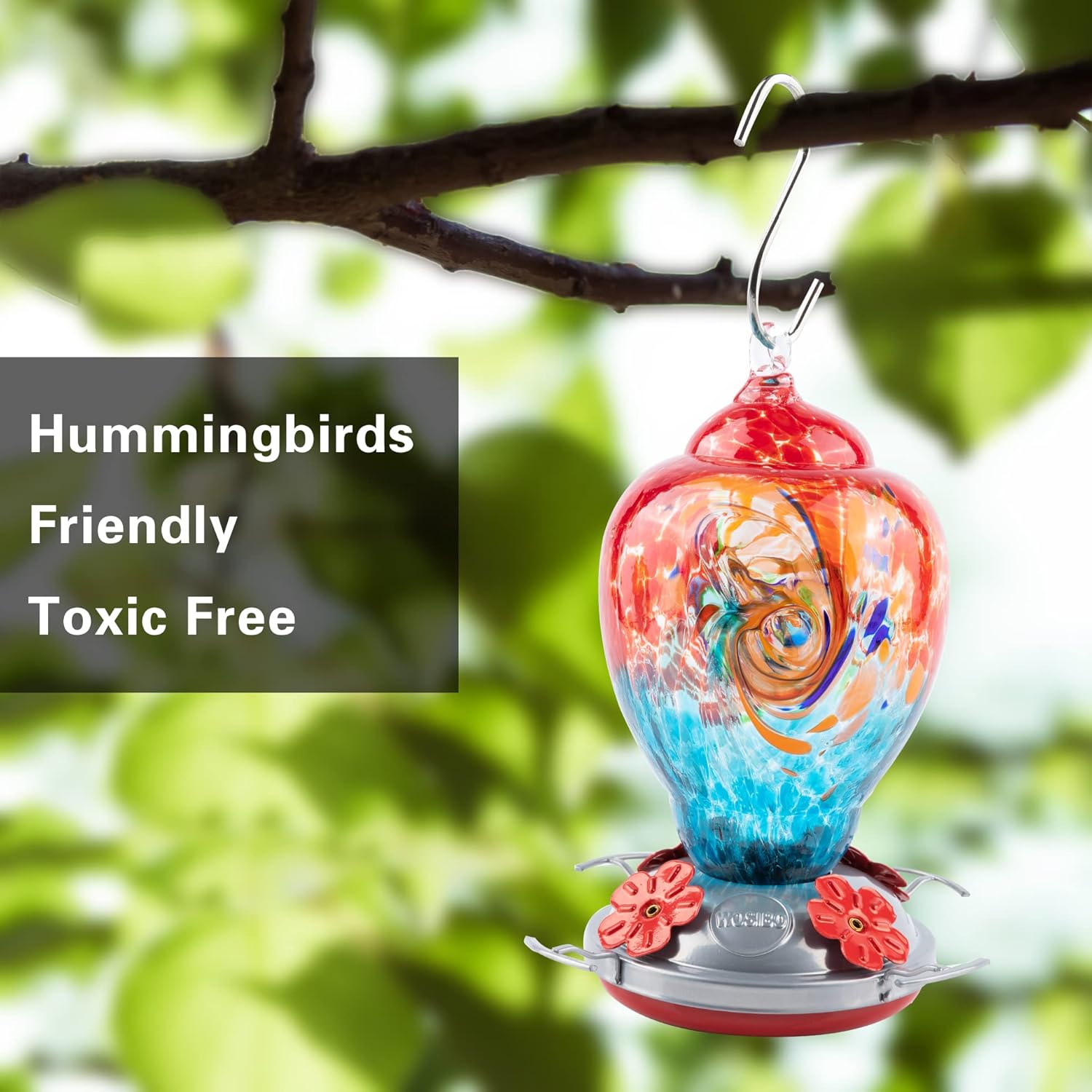 WOSIBO Hummingbird Feeder for Outdoors Patio Large 32 Ounces Colorful Hand Blown Glass Hummingbird Feeder with Ant Moat Hanging Hook, Rope, Brush and Service Card (Red-Blue)
