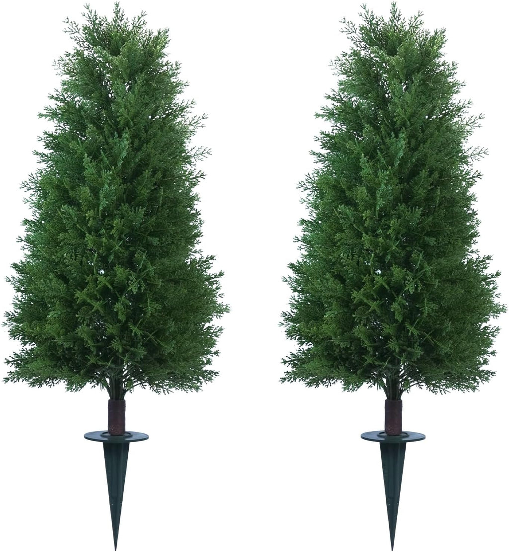 3FT Artificial Cedar Topiary Ball Trees with Ground Spike, 2 Pack UV Resistant Artificial Shrubs, Fake Evergreen Artificial Plant Brush for Indoor Outdoor Front Porch Garden