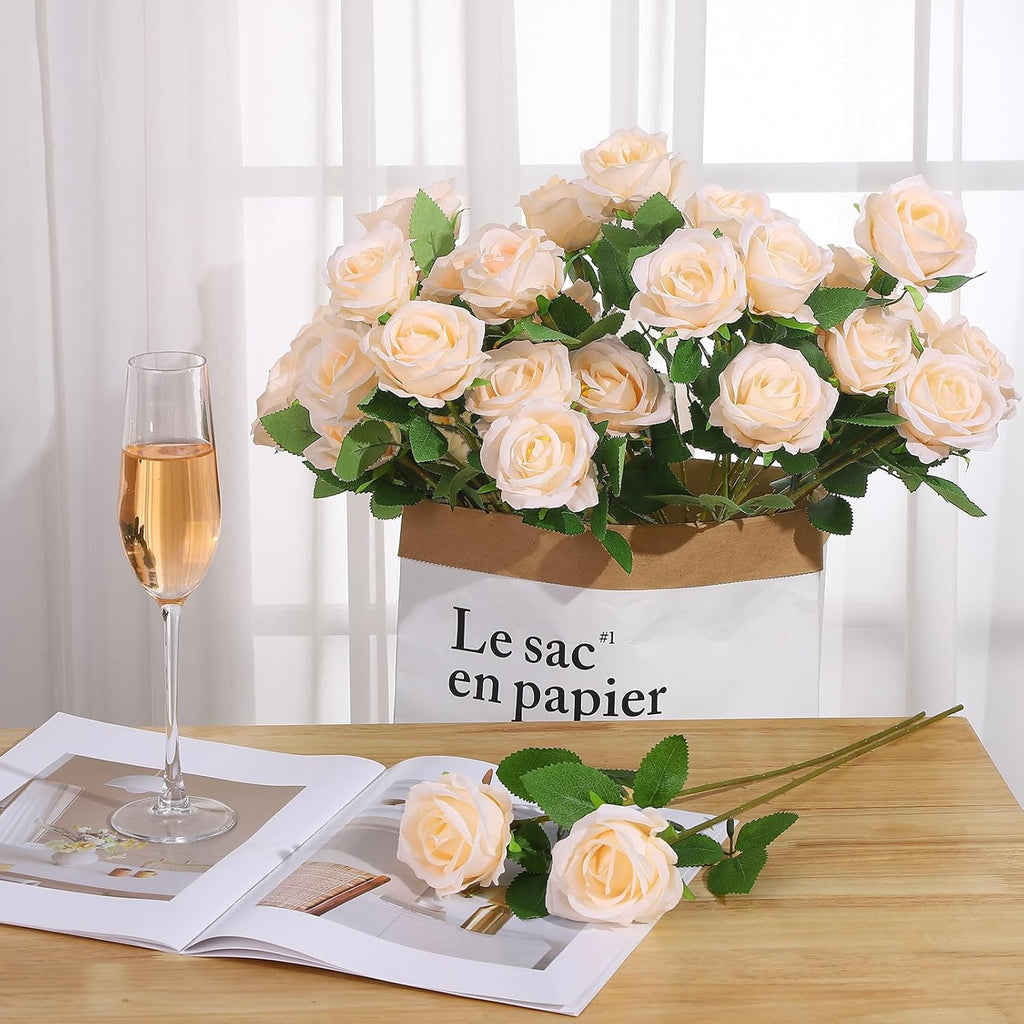 36 Pcs Champagne Artificial Roses with Long Stems, Fake Silk Rose Artificial Flowers Bulk for Bridal Wedding Bouquet Centerpiece Ball Arrangement Party Decor