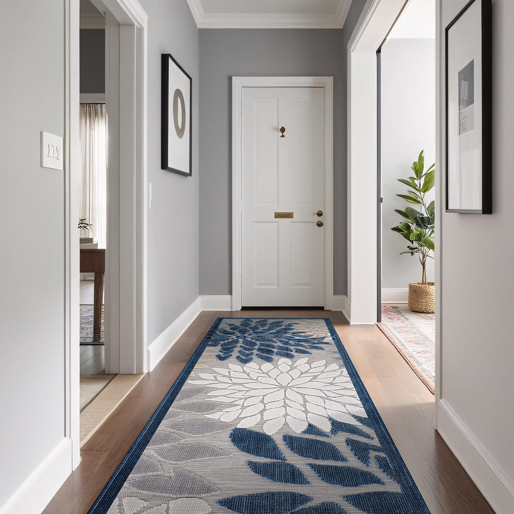 Beverly Rug Outdoor Runner Rug 2x7 Modern Floral Tropical Area Rugs for Indoor and Outdoor Patio Easy to Clean Non Shedding Living Room Porch Garden Washable Outside Carpet (2 x 7 Blue)