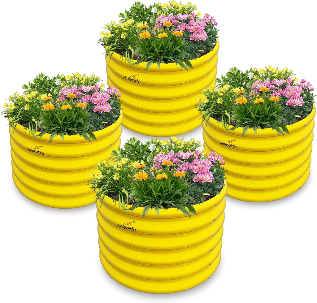 A ANLEOLIFE Kids Raised Garden Beds Outdoor (4-Pack)-24x24x18in Round Galvanized Metal Planter Box for Planting Vegetables, Flowers, Fruits, Eco-Safe & Easy Setup, Sunlit Gold