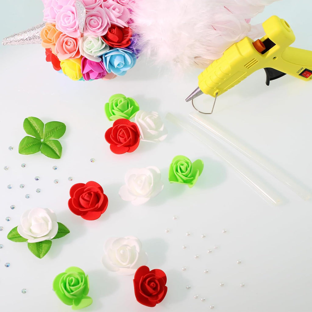 500 Pcs 1.4 Inch Mini Artificial Flowers Head Bulk 5 in 1 Set Faux Foam Fake Small Rose Tiny Baby Flores Bouquet Cake Gift Home Decoration DIY Craft (Coral Red, Green, White Mixed)