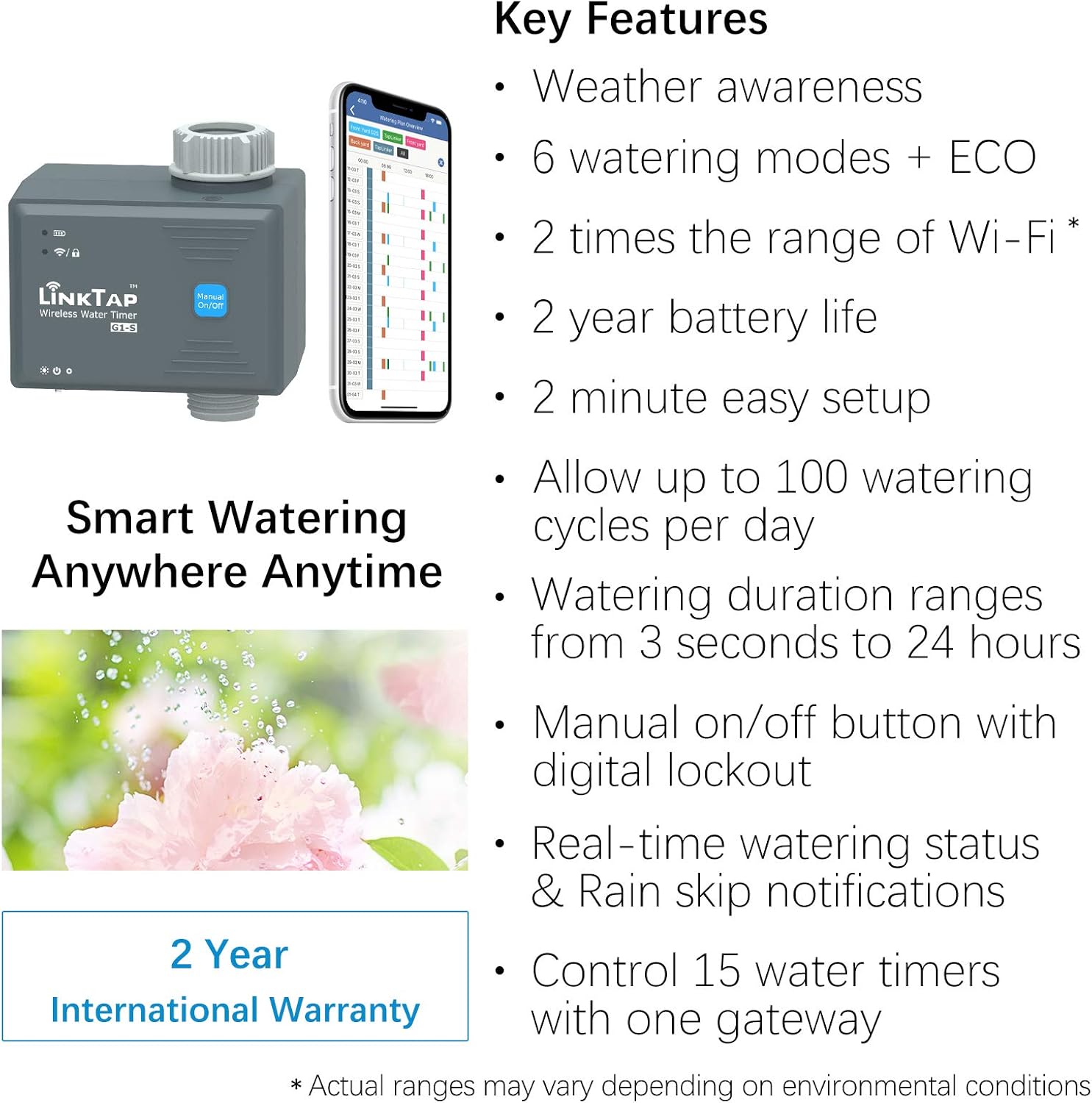 LinkTap G1S Wireless Water Timer (Requires Gateway), Smart Irrigation Hose Faucet Timer, Greater Range Than WiFi Sprinkler Timers, 2 Year Battery Life, Weather Aware, Alexa