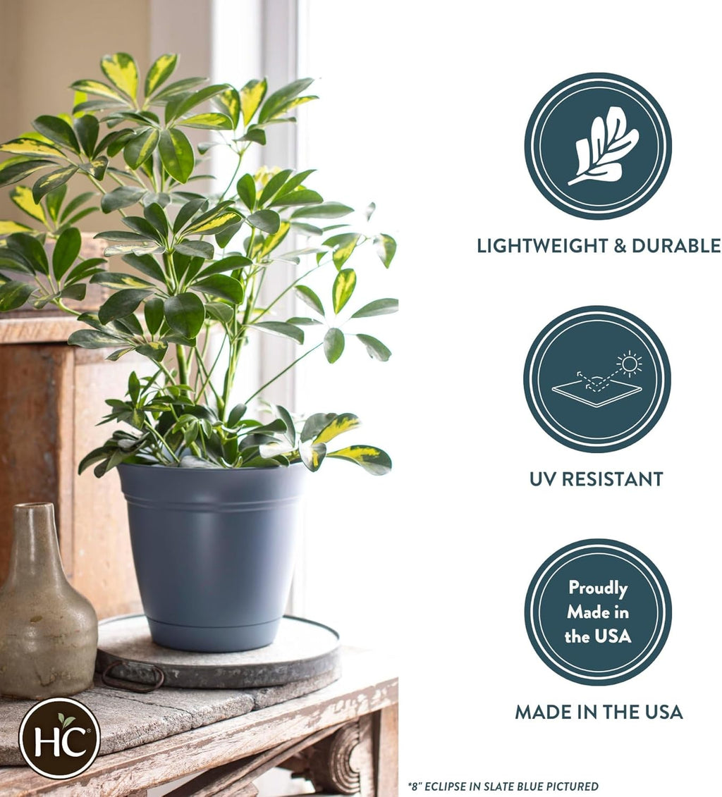 The HC Companies Eclipse Round Planter with Saucer - Outdoor & Indoor Plant Pot with Drainage Holes - Lightweight, UV-Resistant Plastic Pots for Plants, Flowers & Herbs (8" Teal, Pack of 6)