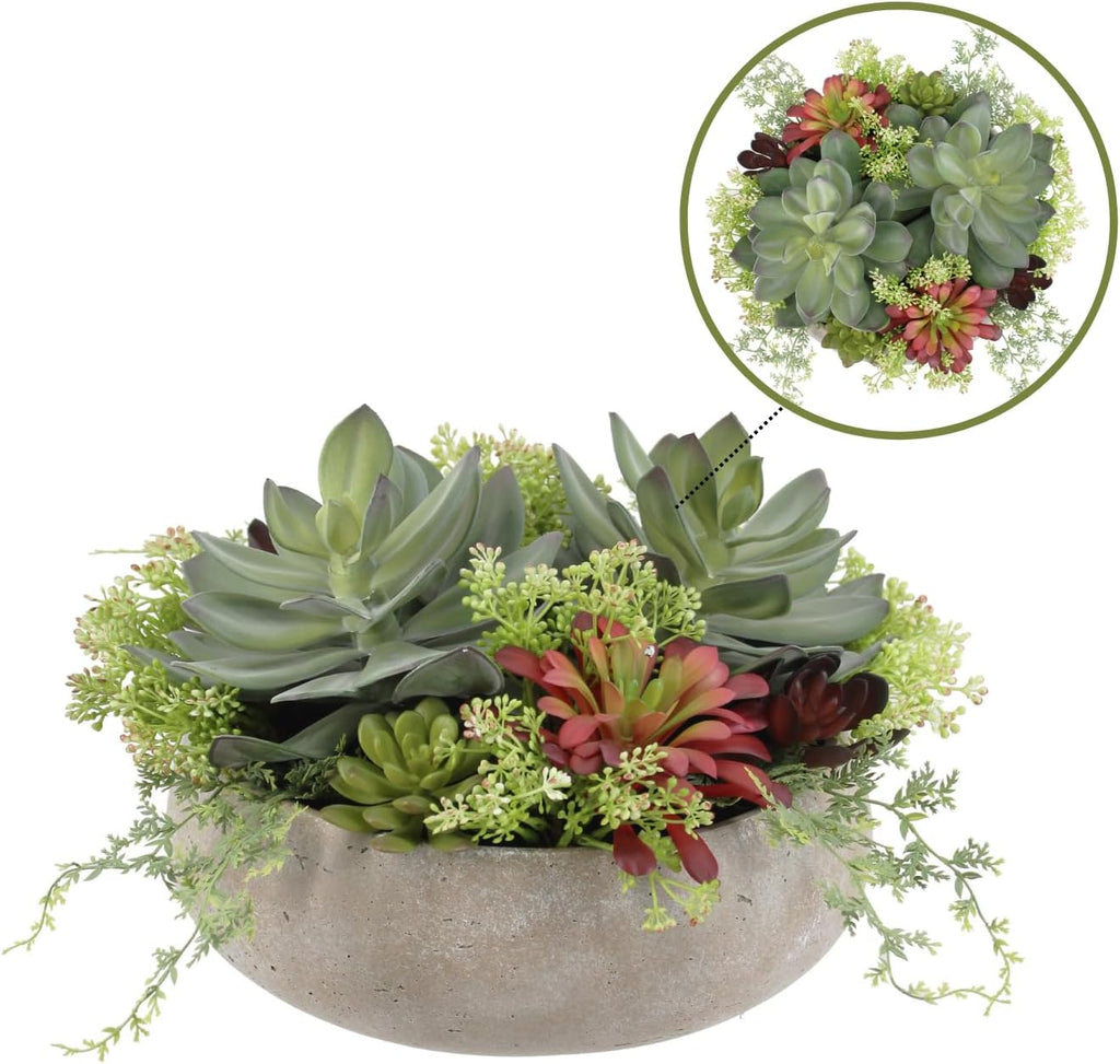 Round Faux Succulent Arrangement, 14" Premium Artificial Indoor Plant Enhances Interior Design, Display on Any Surface in Your Home Adding an Inviting Touch of Nature, Natural Planter Pot Included