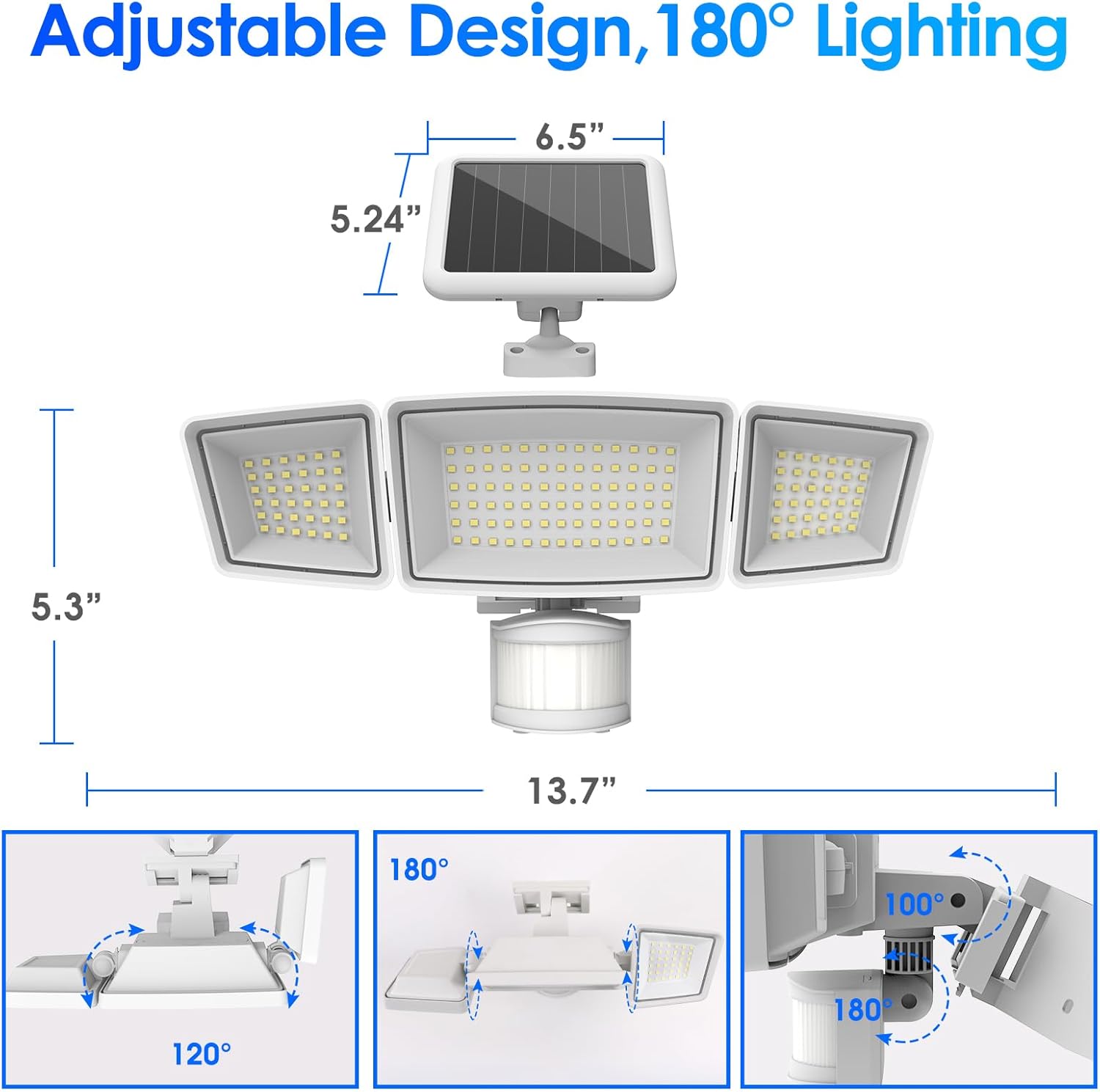 Energetic Solar Outdoor Lights, 1800LM 192 LED Security Motion Sensor Outdoor Lights with Remote Control, IP65 Waterproof Floodlight, 3 Head Motion Detected Spotlight for Garage, Pack of 2 (White)