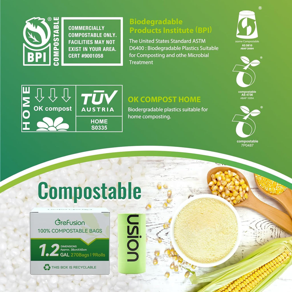 Compostable Trash Bags, Small 2.6 Gallon, 270 Count, 0.72 Mils Thick, Eco Friendly, ASTM D6400 & BPI Certified, Composts Food Scraps, No Leaks