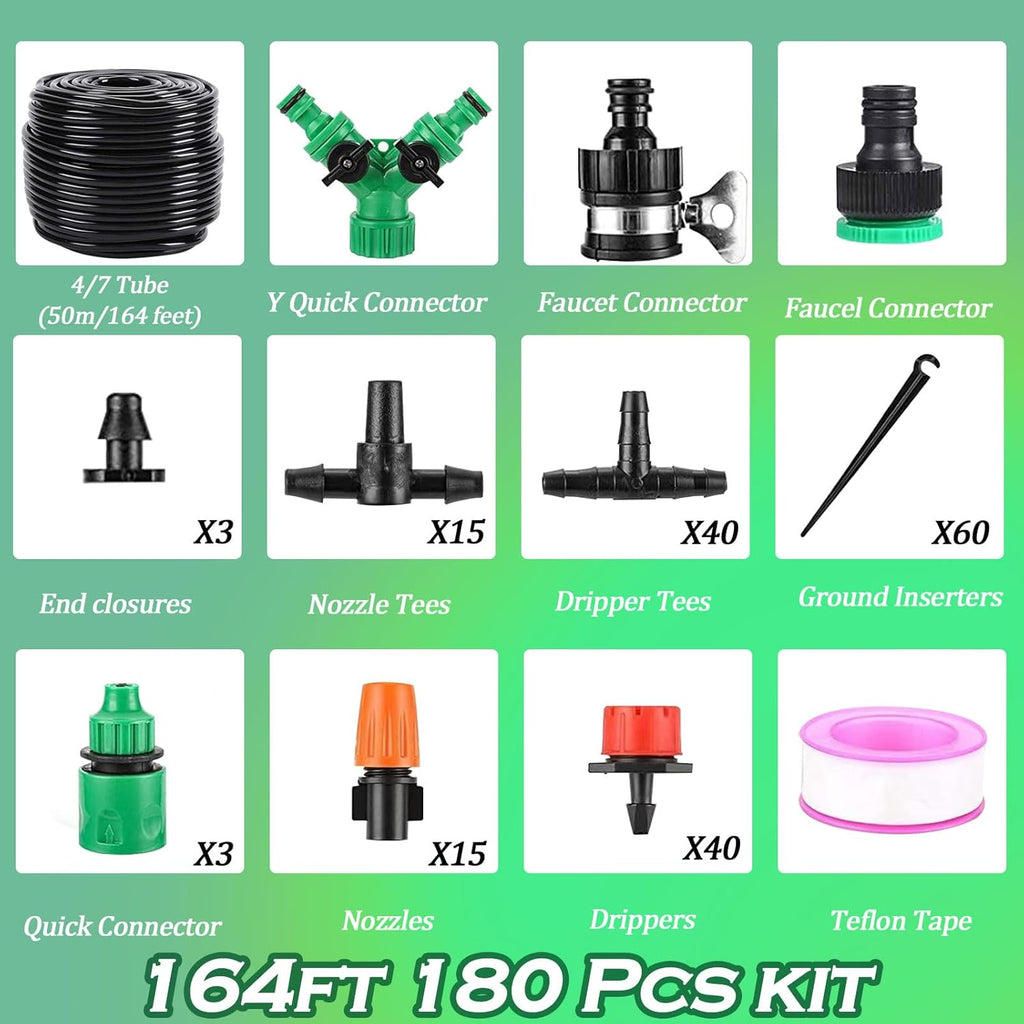 Drip Irrigation System - Irrigation System for Garden w/ 1/4" & 1/2" Fast-Lock Tubing - Adjustable Nozzles & Sprinklers Garden Watering System(164FT Kits)