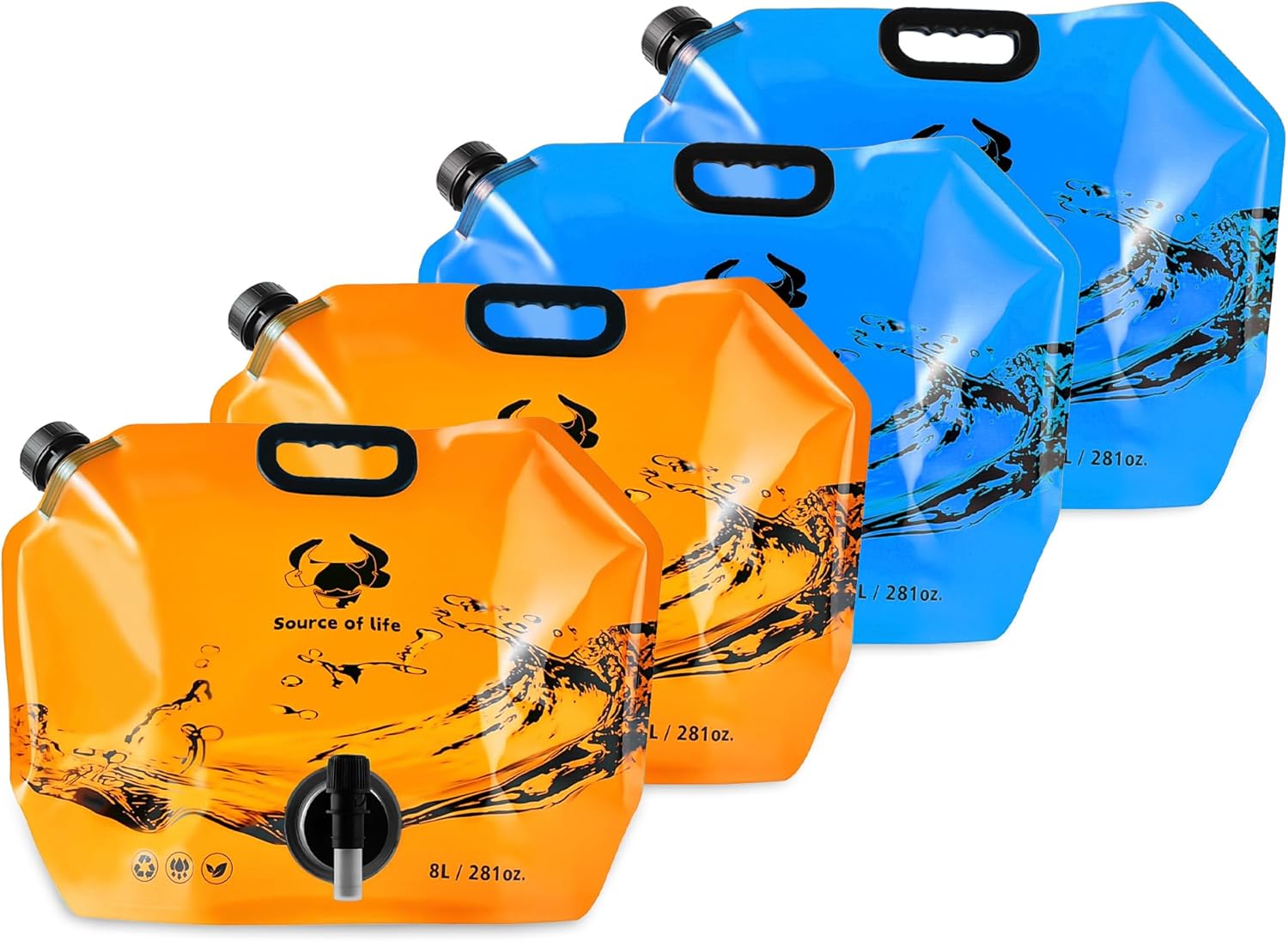 Collapsible 8L Water Storage Bag, BPA-Free Portable Folding Water Jug with Adjustable Faucet, Leakproof Emergency Water Bag for Camping, Hiking, Riding, Outdoor Sport (Blue & Orange 4)