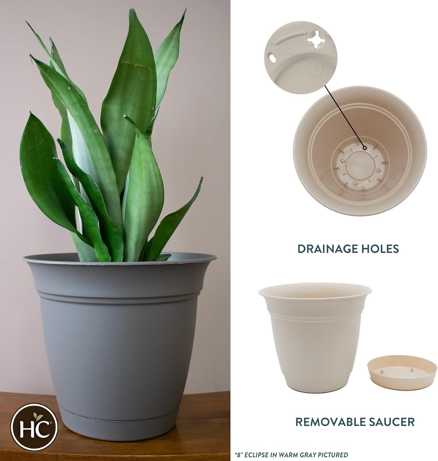 The HC Companies Eclipse Round Planter with Saucer - Outdoor & Indoor Plant Pot with Drainage Holes - Lightweight, UV-Resistant Plastic Pots for Plants, Flowers & Herbs (10" Cottage Stone, Pack of 1)