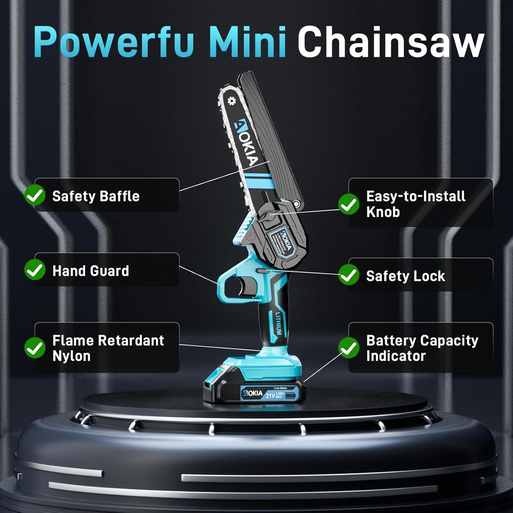 Cordless Mini Chainsaw 21V,6In Electric Chainsaw,Handheld & Portable Power Chain Saw for Tree Trimming Pruning Garden & Yard Work,2 Battery Chain Saw Gifts for Men Women Dad Blue