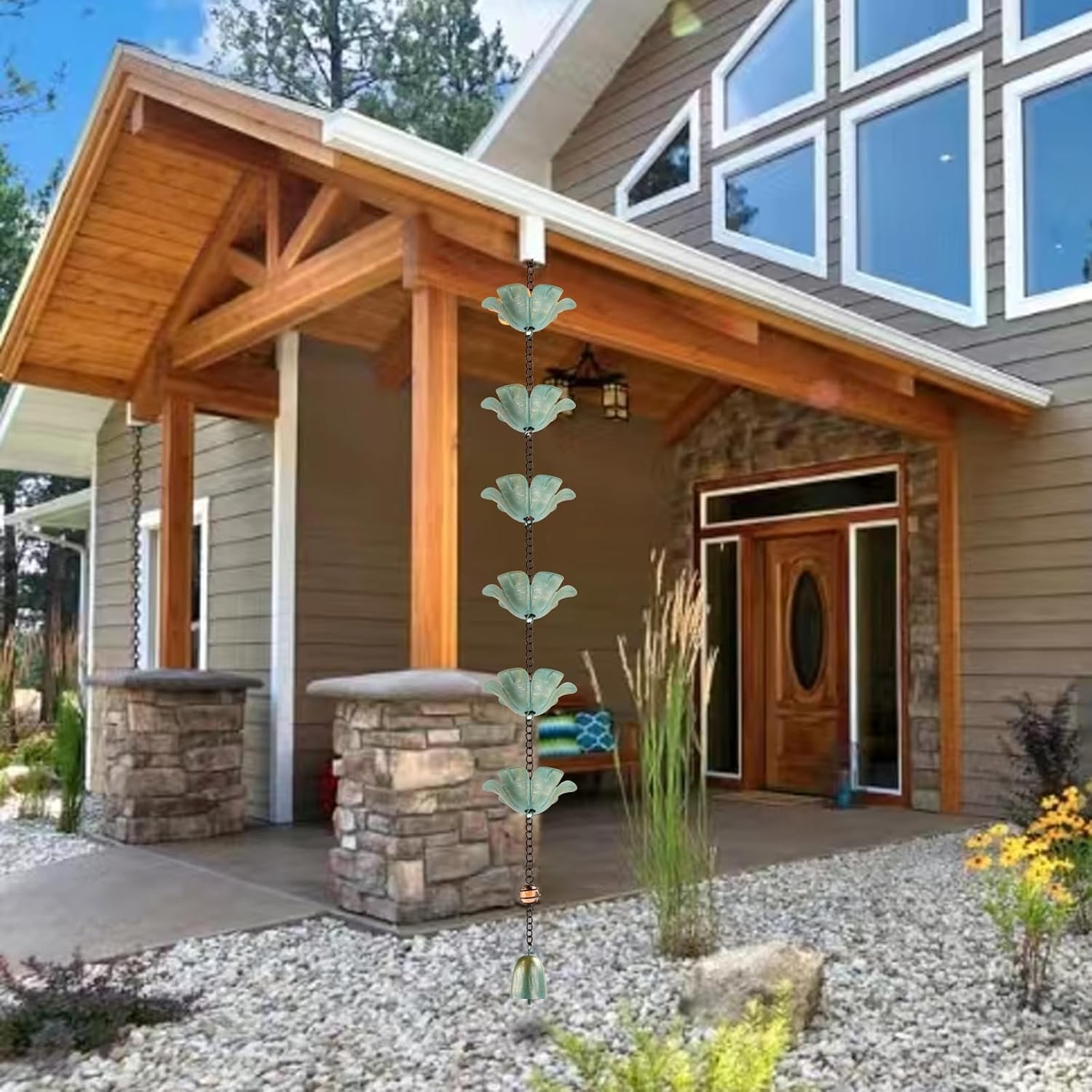 9FT Rain Chain Set with Adapter, Anti-Rust Rain Chain for Ouutside, 16 Flower Rain Chain for Gutter,Garden Decoration Rain Chain, for Family,Friends (Light Blue)