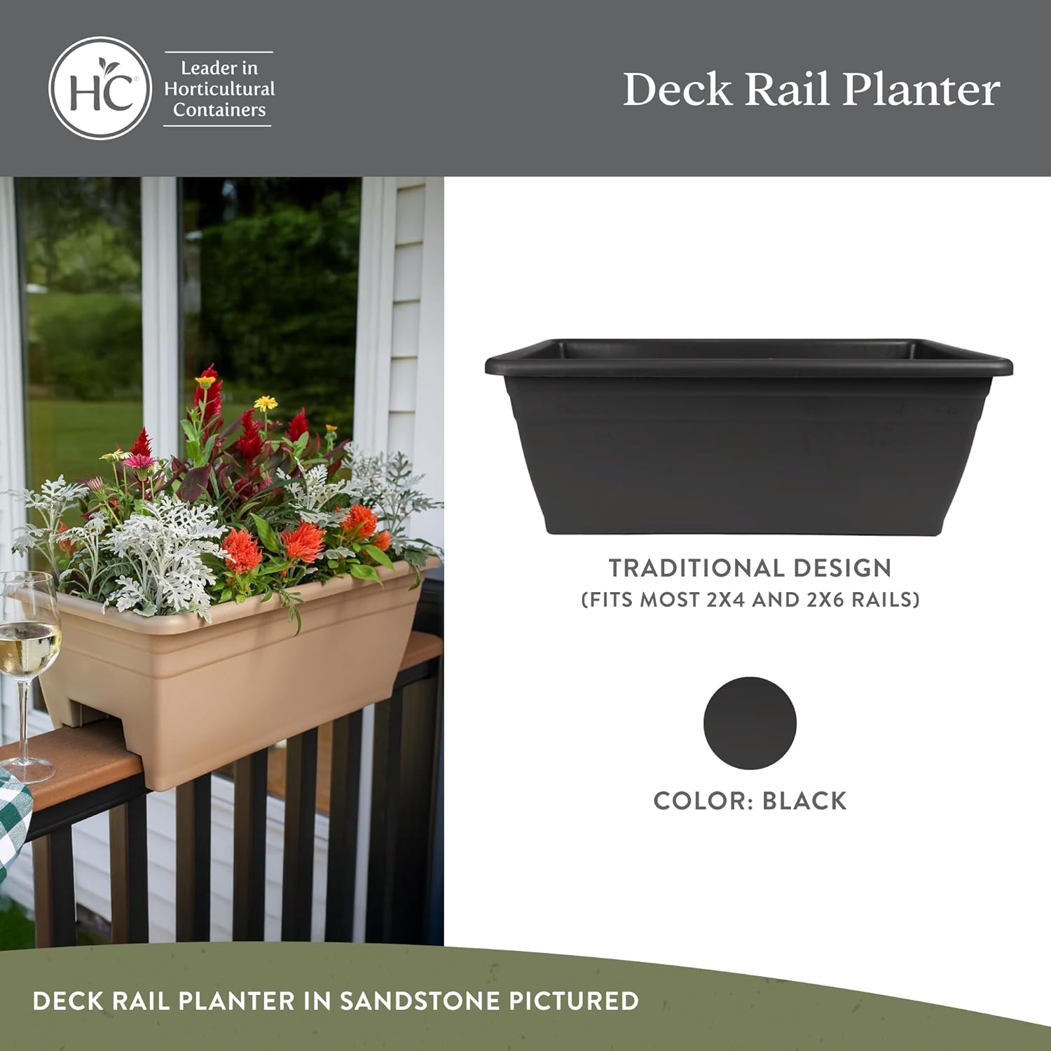 The HC Companies Deck Railing Planter Box w/Removable Drain Plugs - Lightweight & Weatherproof Plastic Flower Box - Balcony Planters for Railing and Fence (24”, Black)
