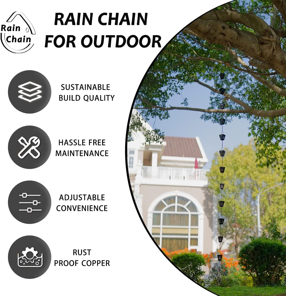 Square Rain Chain, 10 Ft Black Rain Gutter Chains with 12 Cups, Adjustable Rain Catcher Chain with Bell for Eaves Drainage, Outdoor Replacement Downspout for Gutters
