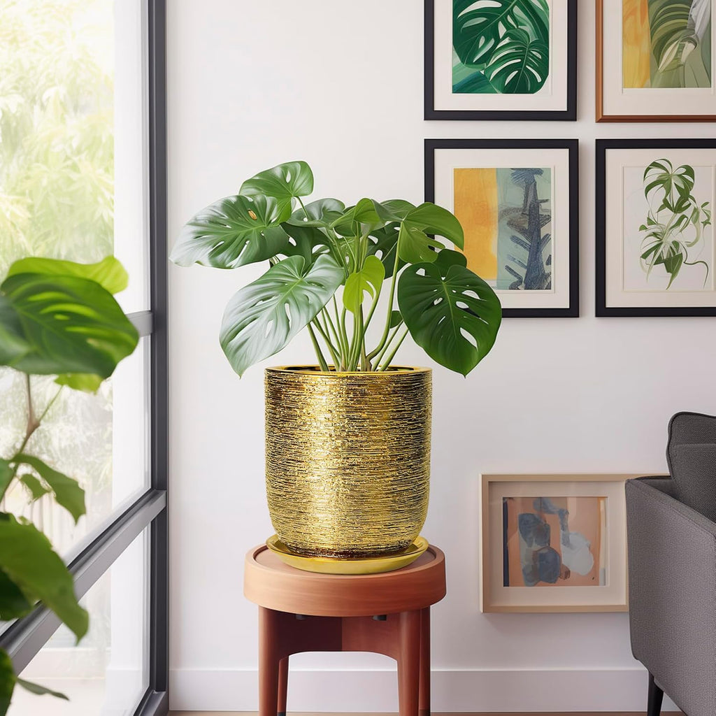 Ceramic Flower Pot for Indoor Plants - 10 Inch Plant Pot with Drainage Hole and Saucer, Decorative Round Outdoor Indoor Planter, Housewarming Gifts, Home Garden Decor, Gold