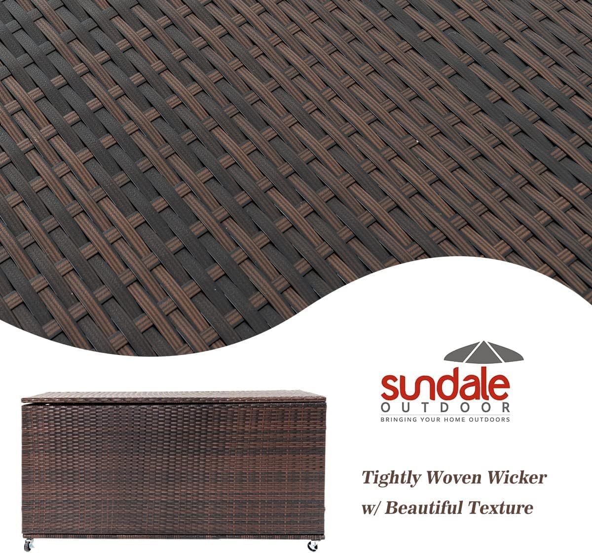 Outdoor 170 Gallon Water-Resistant Wicker Storage Box with Wheels, PE Rattan Deck Box with Waterproof Liner for Outside, Patio Storage Container with Hinged Lid, Horizontal Bin, Brown