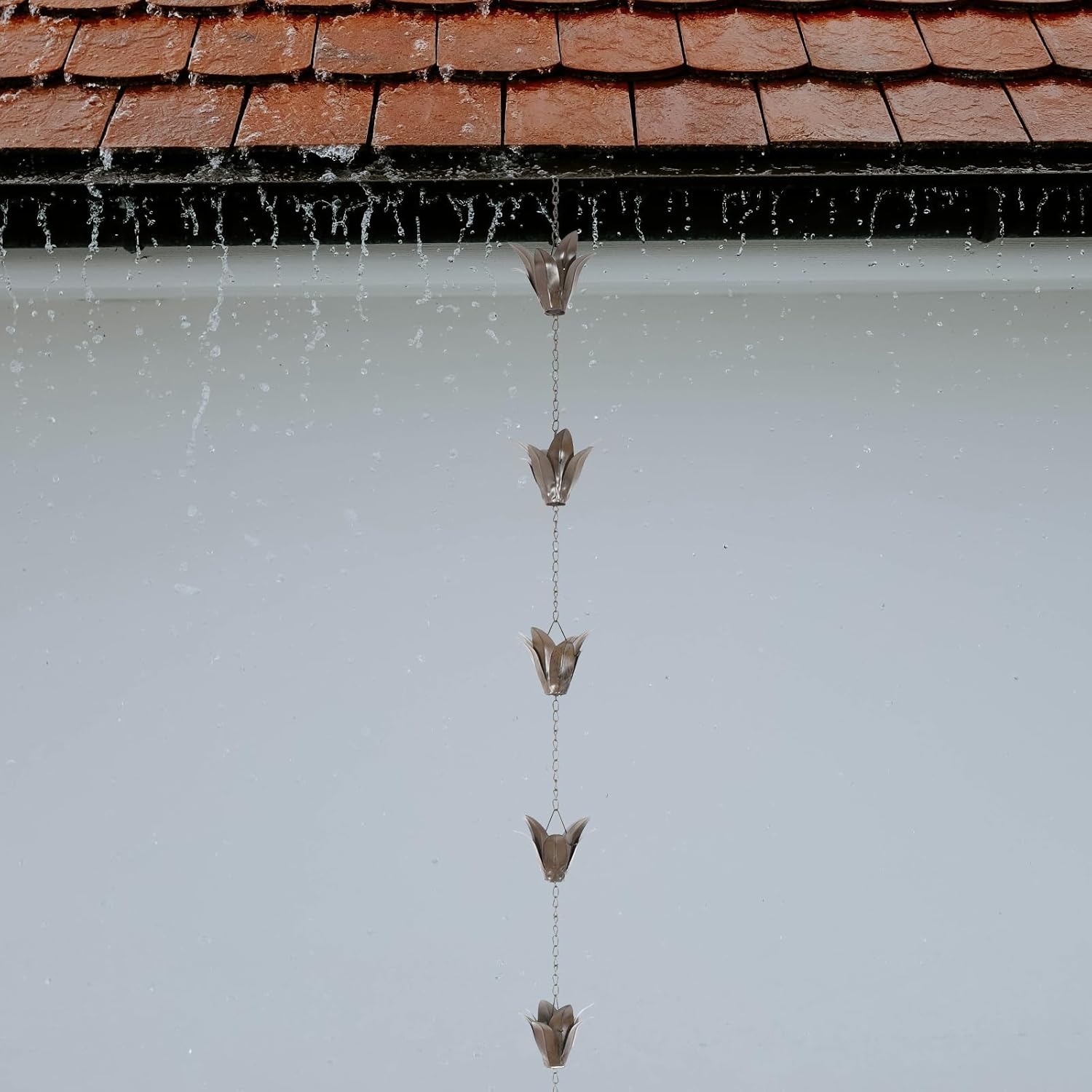DUSVALLY Rain Chain, 7.88 FT Metal Flower Rain Chain, Functional and Decorative Replacement for Gutter Downspouts, Adjustable, Antique Silver