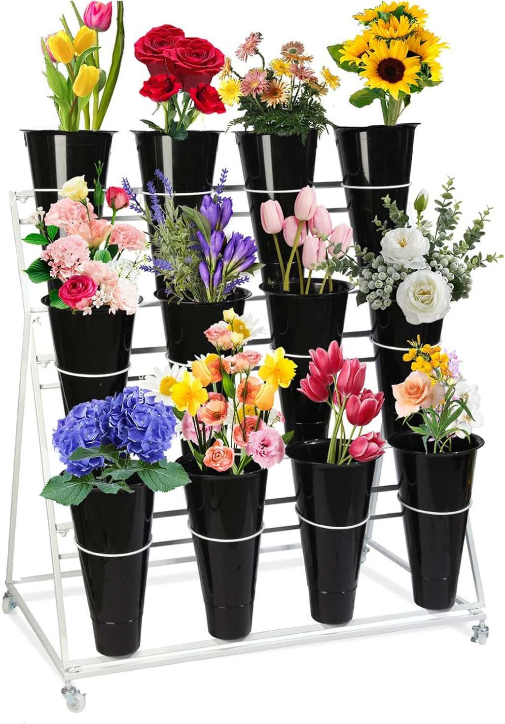 Flower Display Stand with Buckets, 3 layers Metal Plant Stand with Wheels, Moving Florist Bouquet Shelf for Fresh Flower Shop, for Patio Garden, Living Room, Outdoor Flower Pop-Up Events (White Frame - Black Bucket)