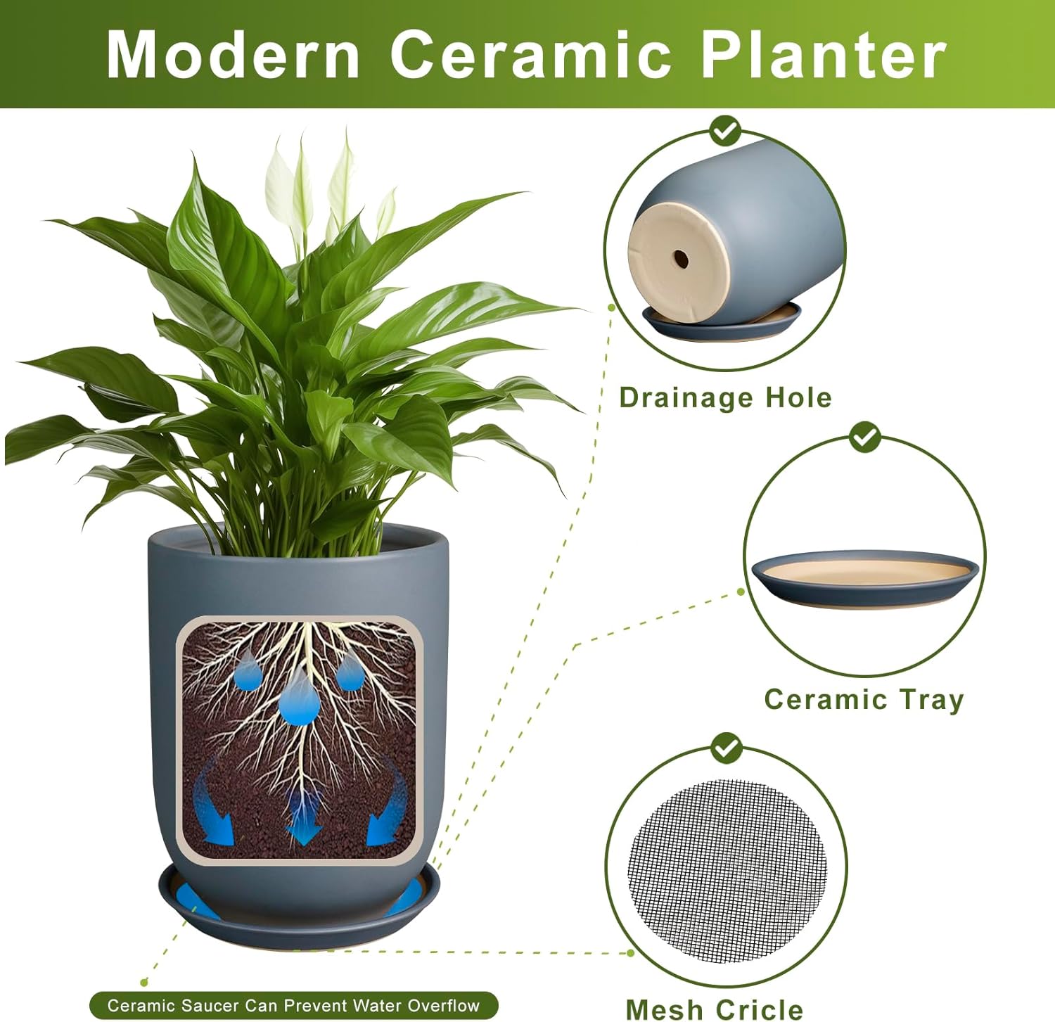 Pots for Plants 12 Inch - Ceramic Planter for Indoor Outdoor Plants Large Plant Pot with Drainage Hole and Saucer Outdoor Flower Pot Gray